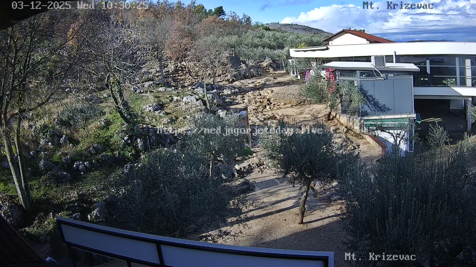 On a clear, partly cloudy day, a modern building with a white roof sits on a rocky, tree-covered hillside, featuring a dirt path and numerous olive trees in the foreground.