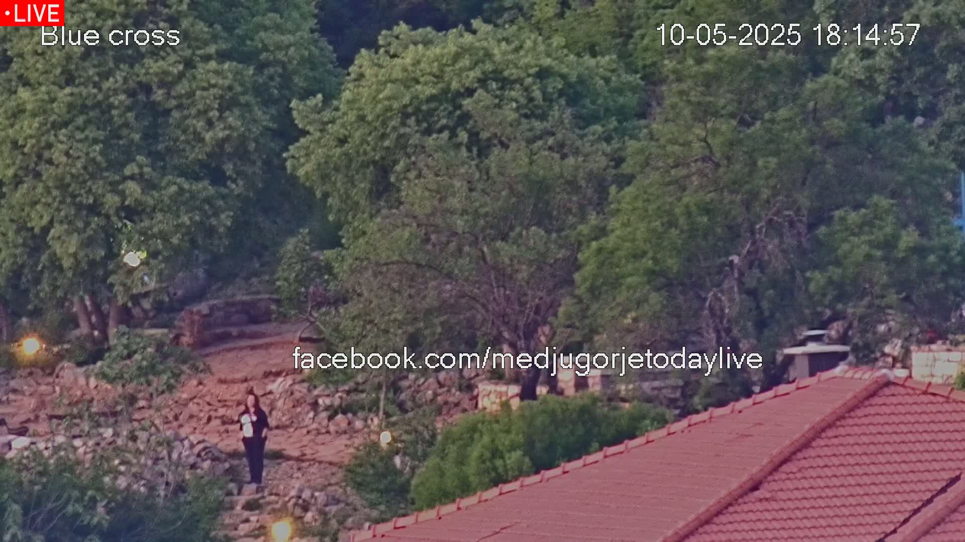 A person stands on a rocky path surrounded by lush green trees in the late afternoon, with a red-tiled roof visible in the foreground.