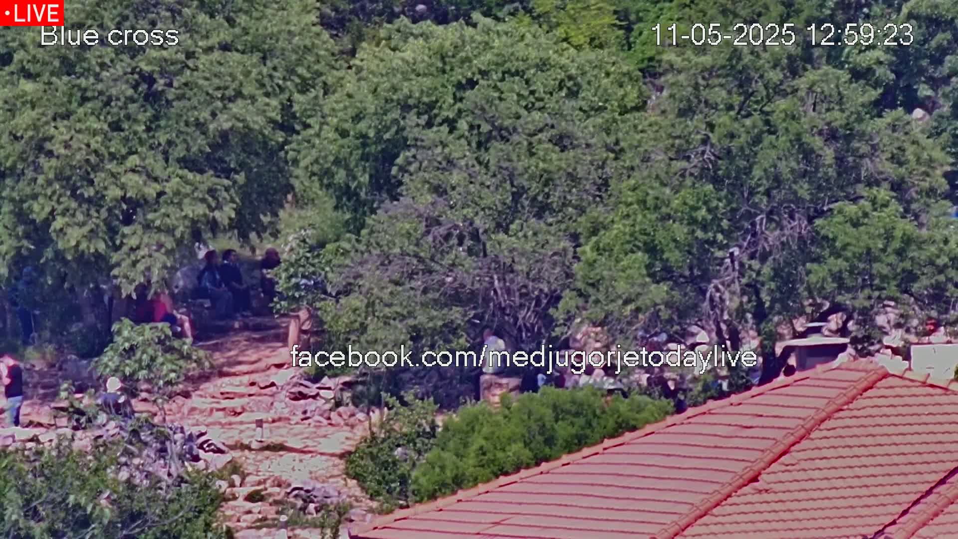 A rocky path winds through a leafy green area where people are gathered on a sunny day, with a red tile roof visible in the foreground.