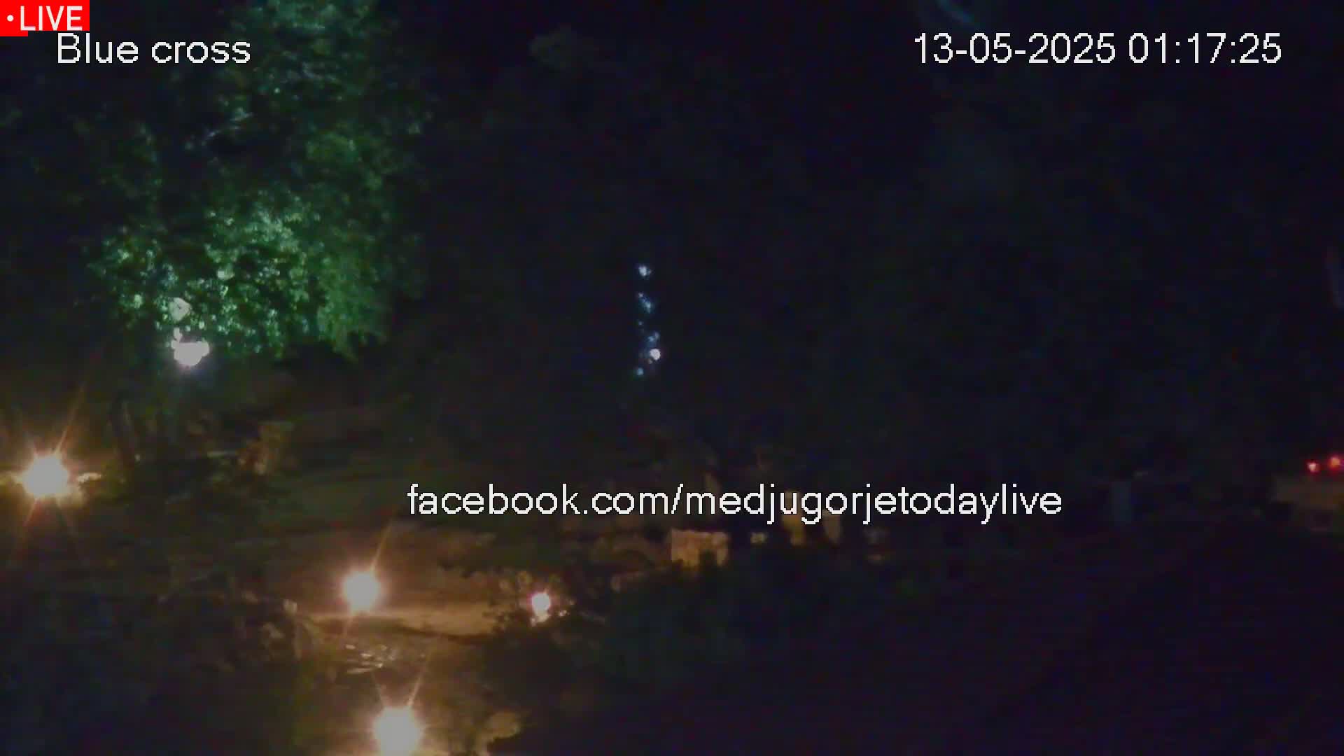 A nighttime, outdoor scene shows dimly lit figures and vegetation, with several small lights visible along a dark waterway and faint lights in the distance.