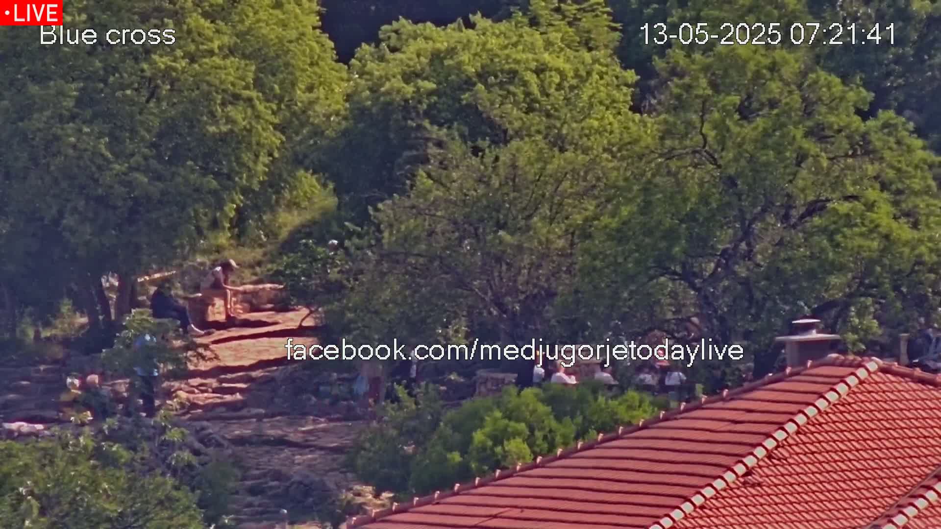 A sunny outdoor scene shows several people gathered on a rocky outcrop amongst leafy green trees, with a red tiled roof visible in the foreground.
