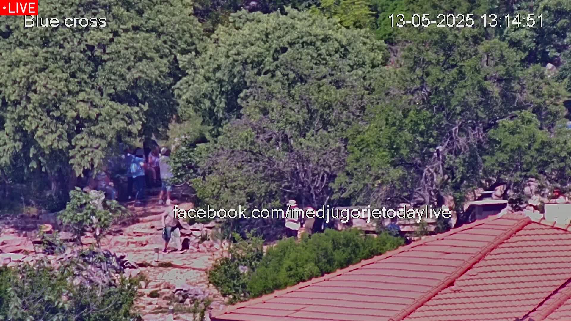 A sunny outdoor scene shows a group of people gathered near trees on a rocky hillside, partially obscured by foliage, with a red tile roof visible in the foreground.