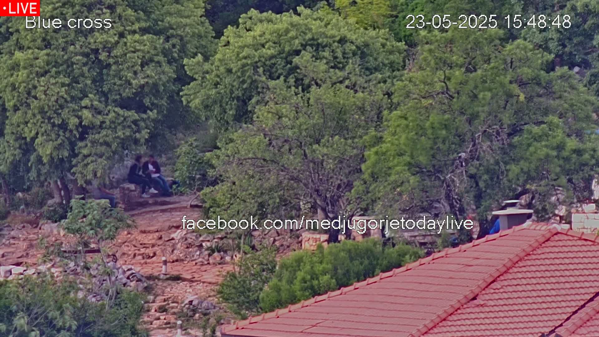 A high-angle, long shot shows several people sitting among leafy green trees on a rocky, reddish-brown hillside, partially visible above a red-tiled roof.
