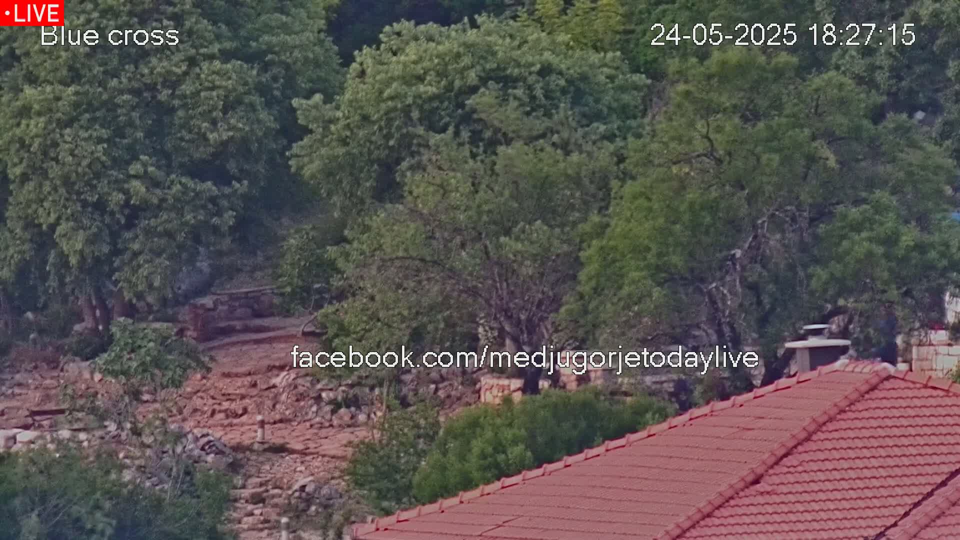 A red tile roof is visible in the foreground, overlooking a rocky hillside covered in lush green trees under a mostly clear sky.