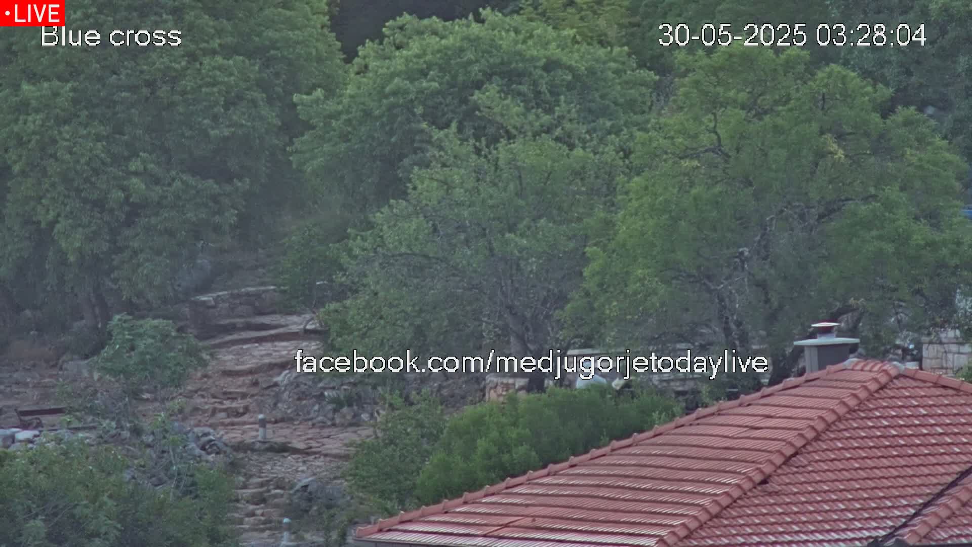 A red tiled roof is partially visible in the foreground, with lush green trees and a rocky hillside visible in the background under overcast skies.
