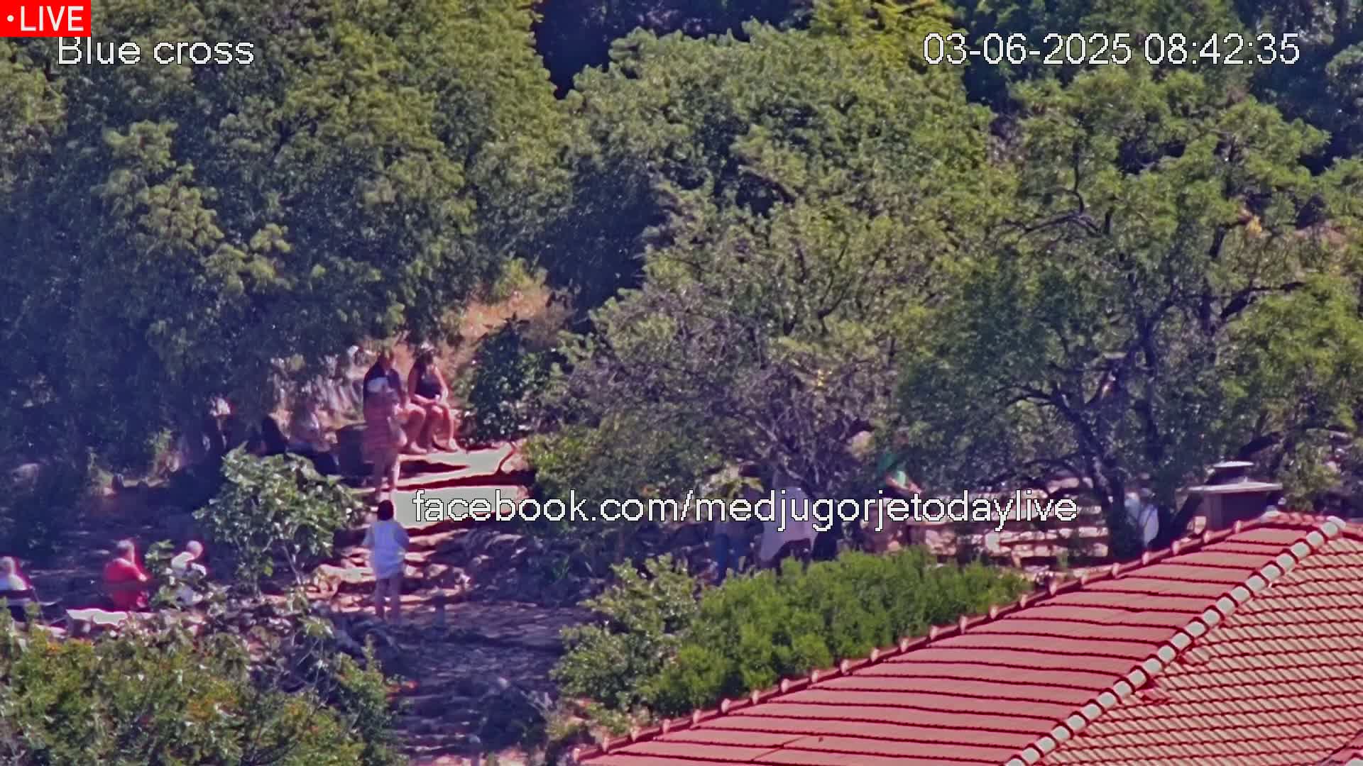 A high-angle, long shot shows several people sitting and standing among trees and rocks on a sunny day, with a red tiled roof visible in the lower right corner.