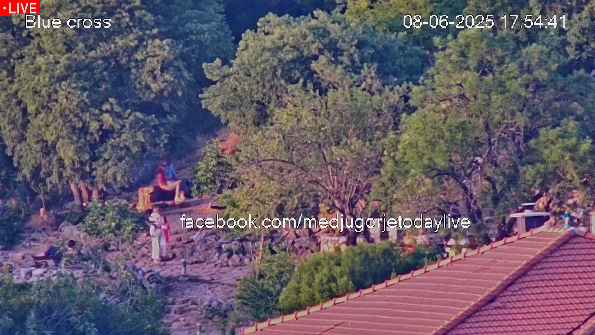 A high-angle, long shot shows several people gathered outdoors amongst leafy green trees and rocky terrain, near a red-tiled roof, under a bright, sunny sky.