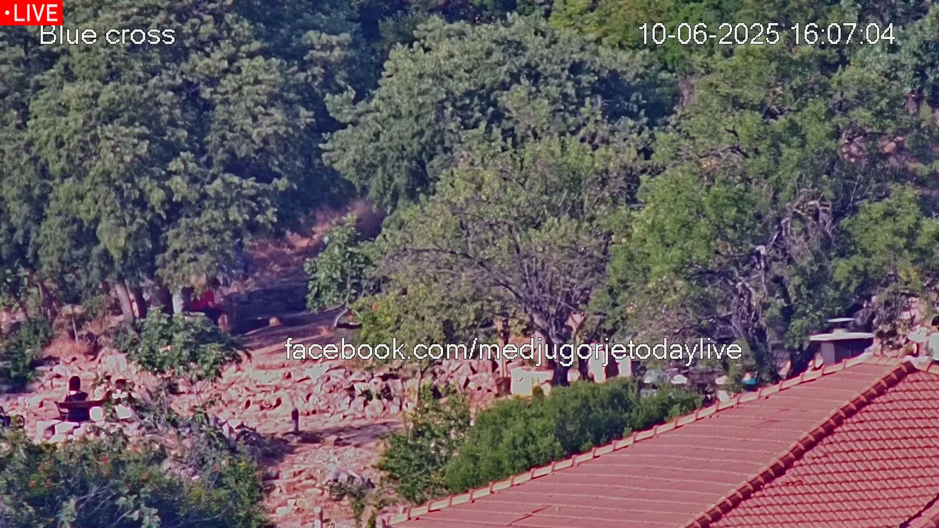 A high-angle view shows a rocky area partially obscured by lush green trees under a sunny sky, with a reddish-brown roof in the foreground.