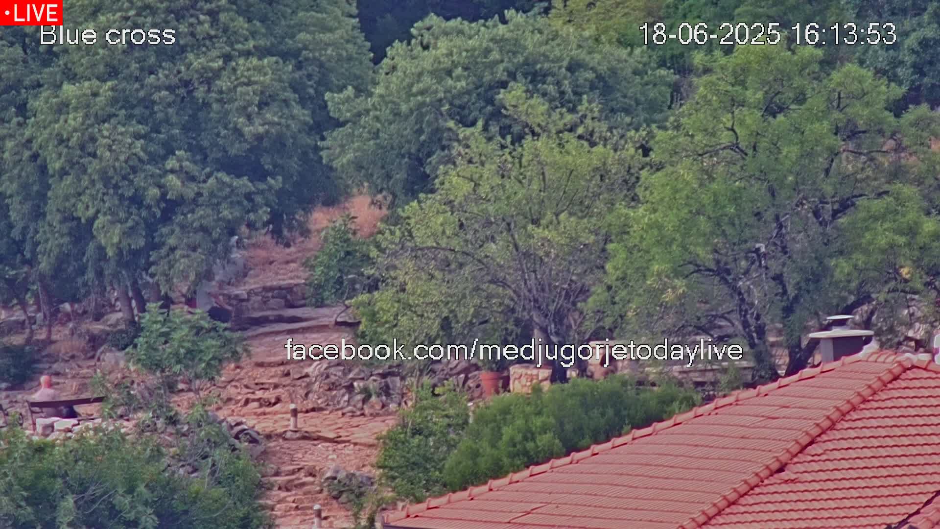 A rocky hillside covered in green trees and shrubs is partially visible beneath the red tile roof of a building, in sunny weather.