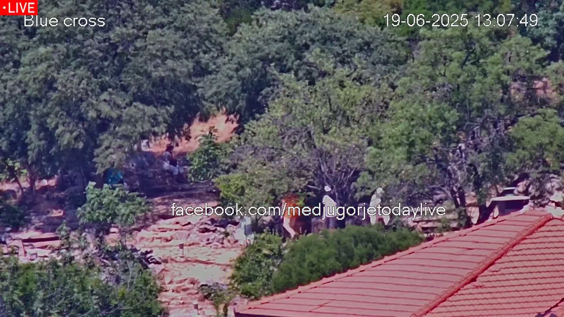 A high-angle, long shot shows a group of people near some trees and a rocky area, with a red-tiled roof in the foreground.
