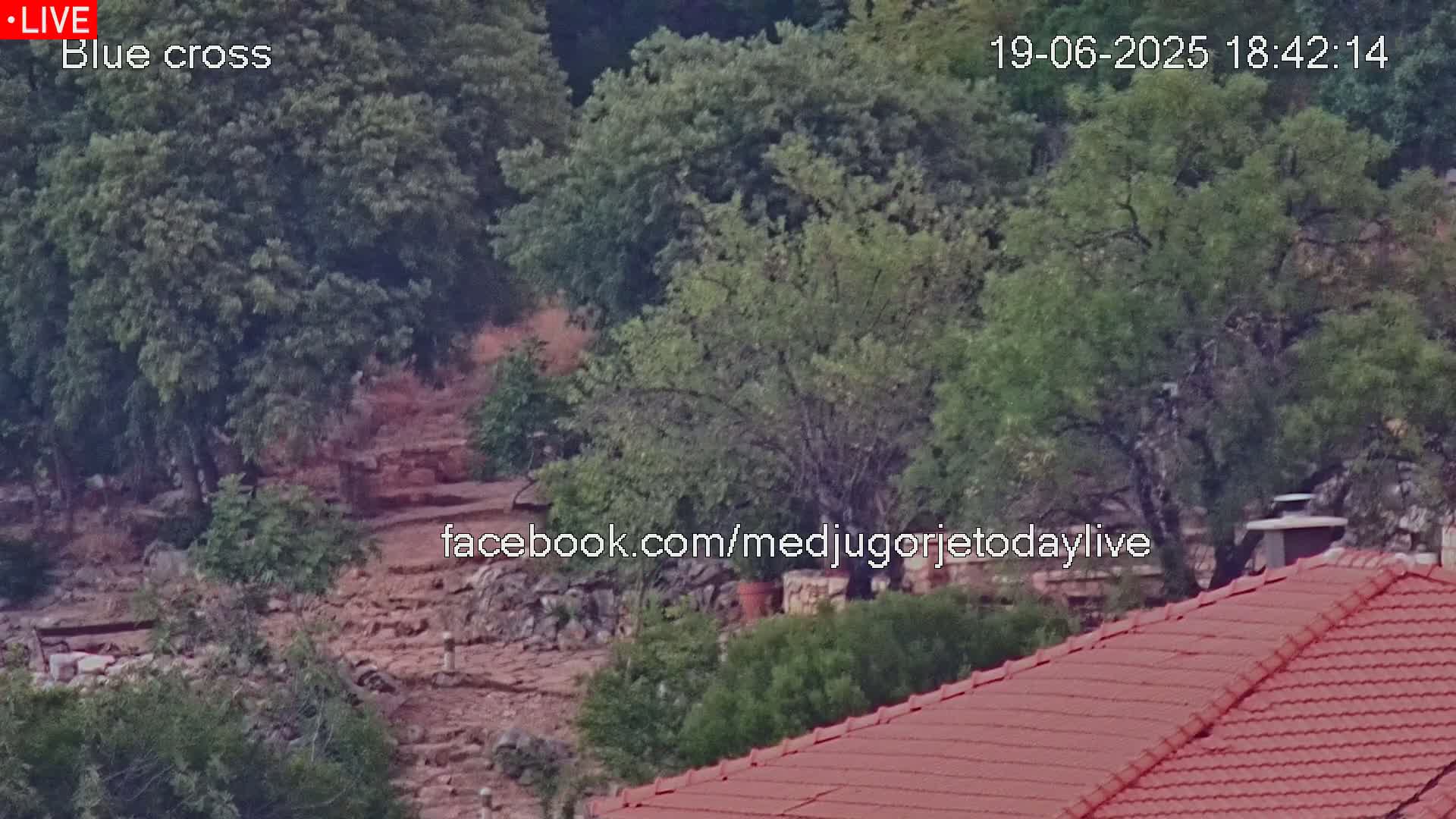 A rocky hillside covered with lush green trees and vegetation is partially visible beneath a red-tiled roof, under hazy or overcast conditions.