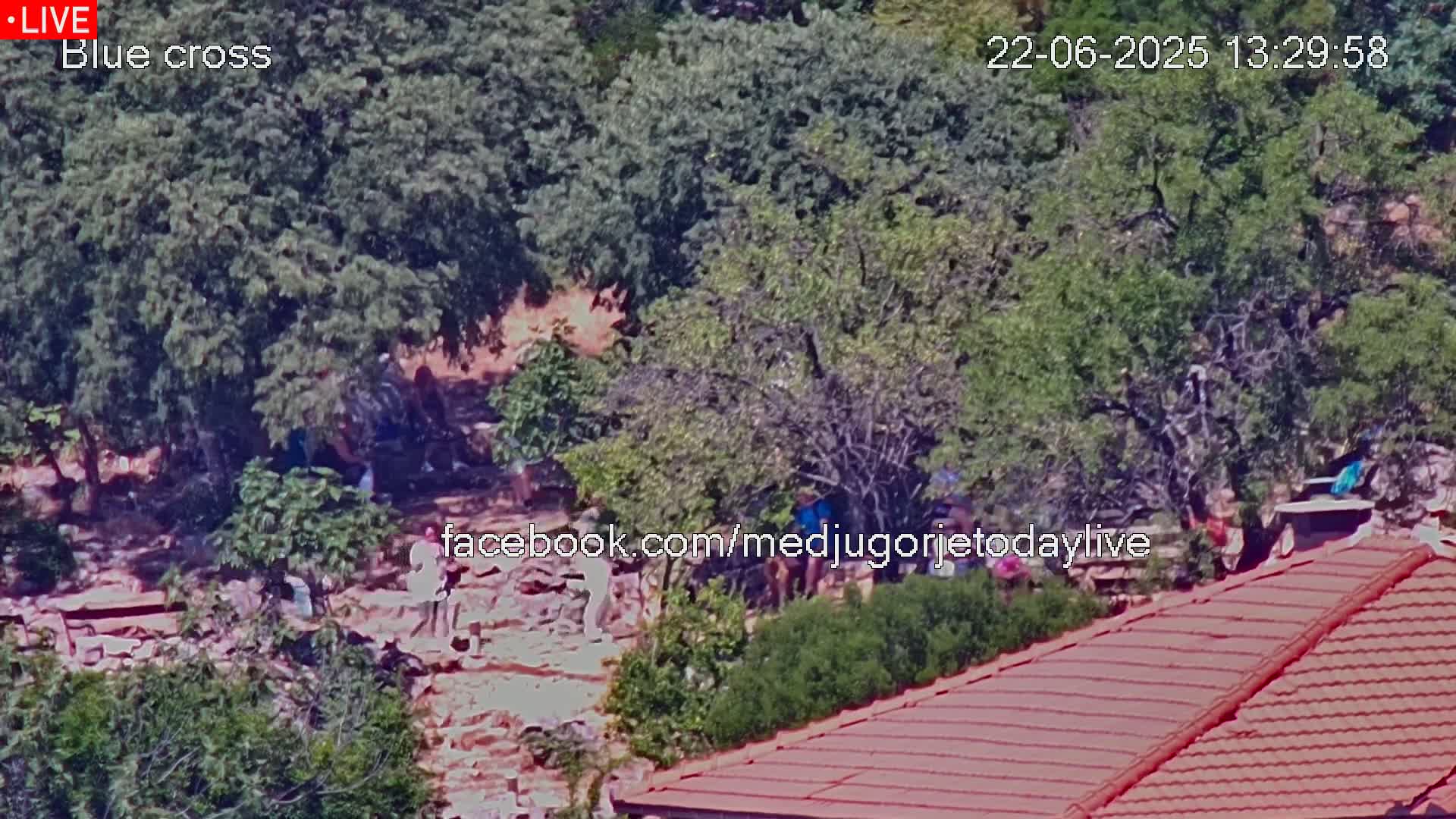 A high-angle, long shot shows a group of people gathered in a leafy, hilly area, partially visible above a red tiled roof under a sunny sky.
