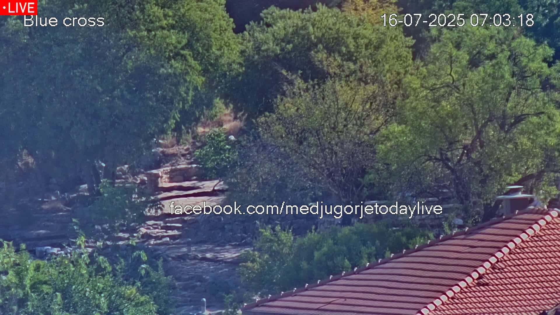 A rocky hillside covered in lush green trees is partially visible behind a reddish-brown tiled roof under a sunny sky.