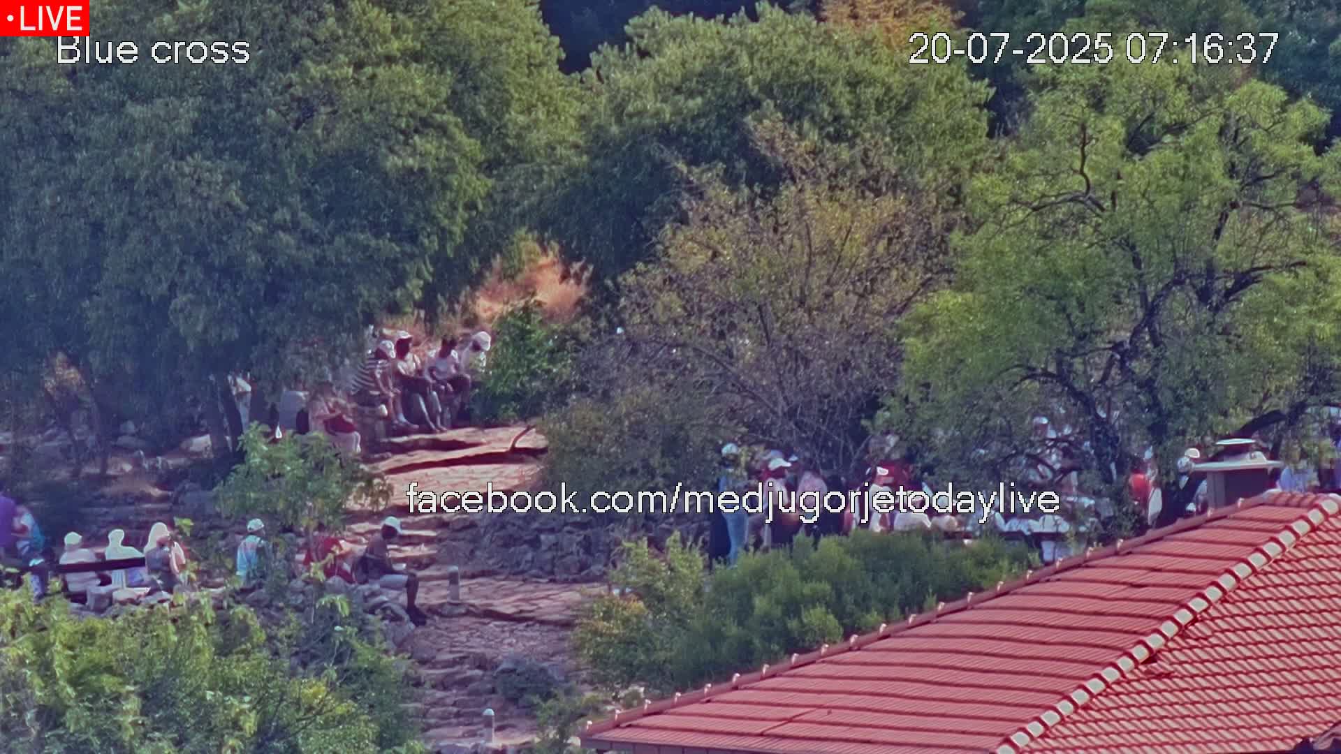 A sunny outdoor scene shows a group of people gathered on a rocky hillside amongst leafy green trees, with a red-tiled roof visible in the lower right corner.