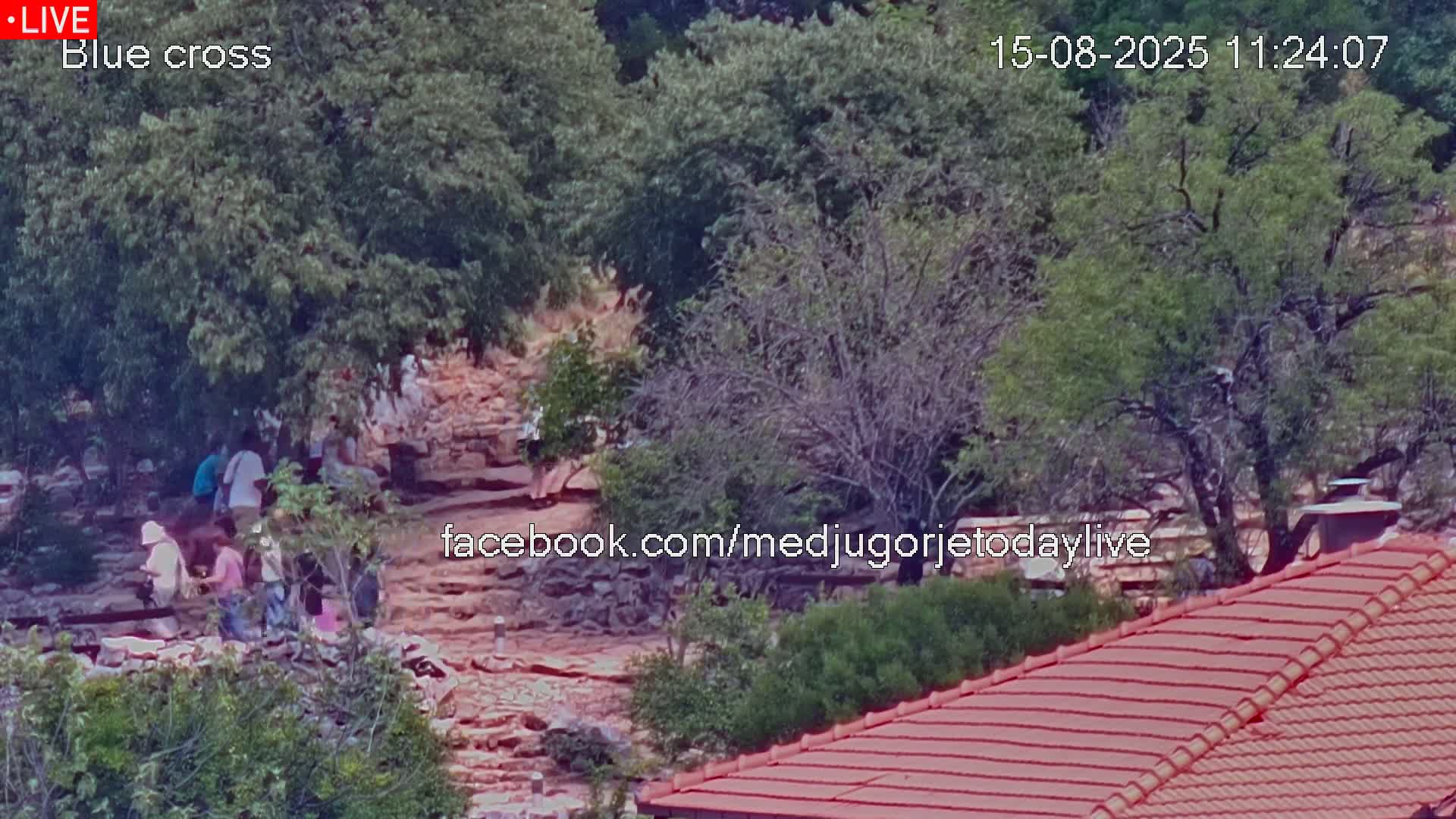 A rocky hillside covered in green trees is partially visible behind a red-tiled roof, under a sunny sky.