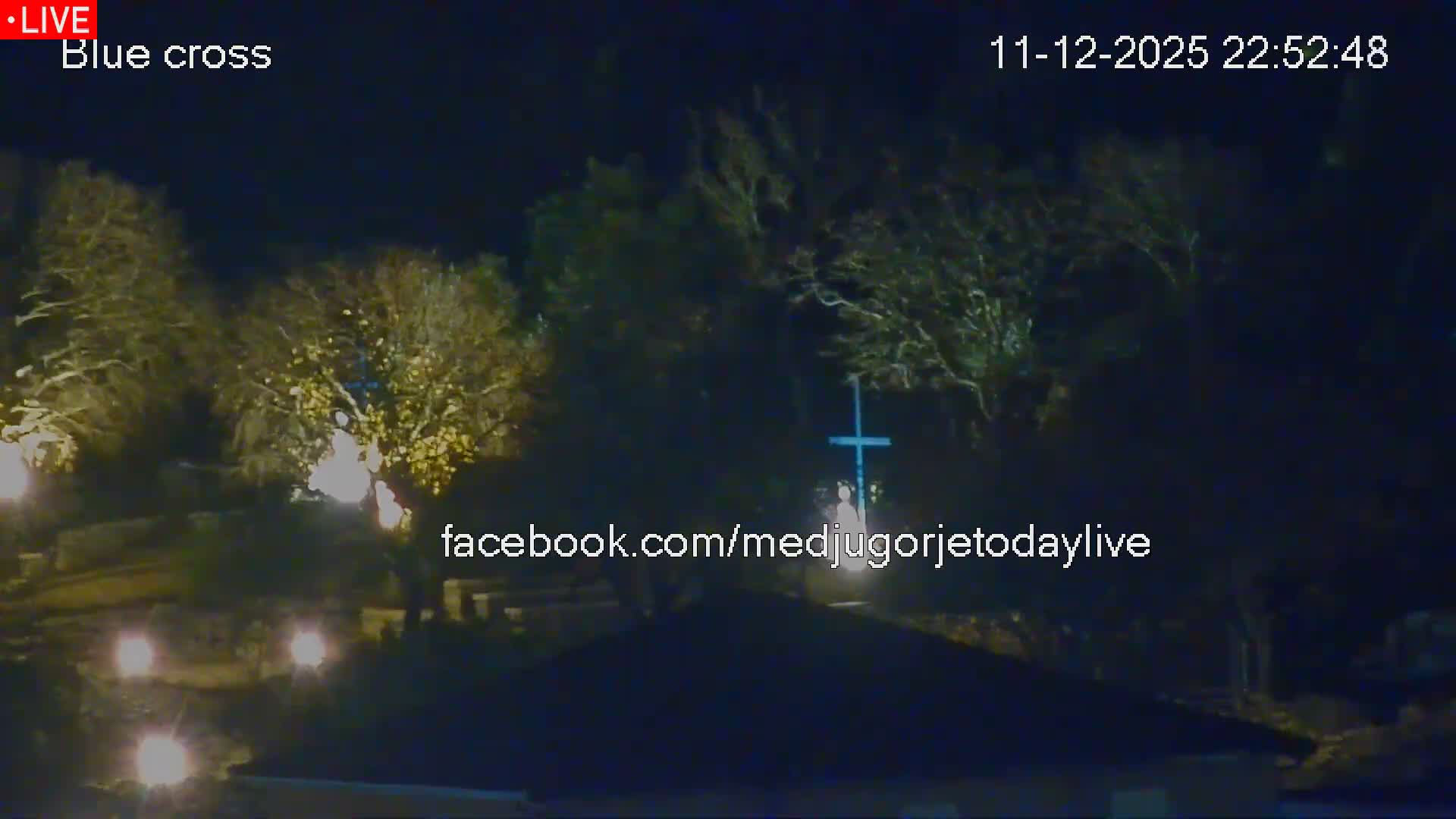 Under a clear night sky, an outdoor scene reveals several trees illuminated by various lights, a prominent blue cross standing above a glowing white statue, and multiple ground-level lights with a dark roof visible in the foreground.