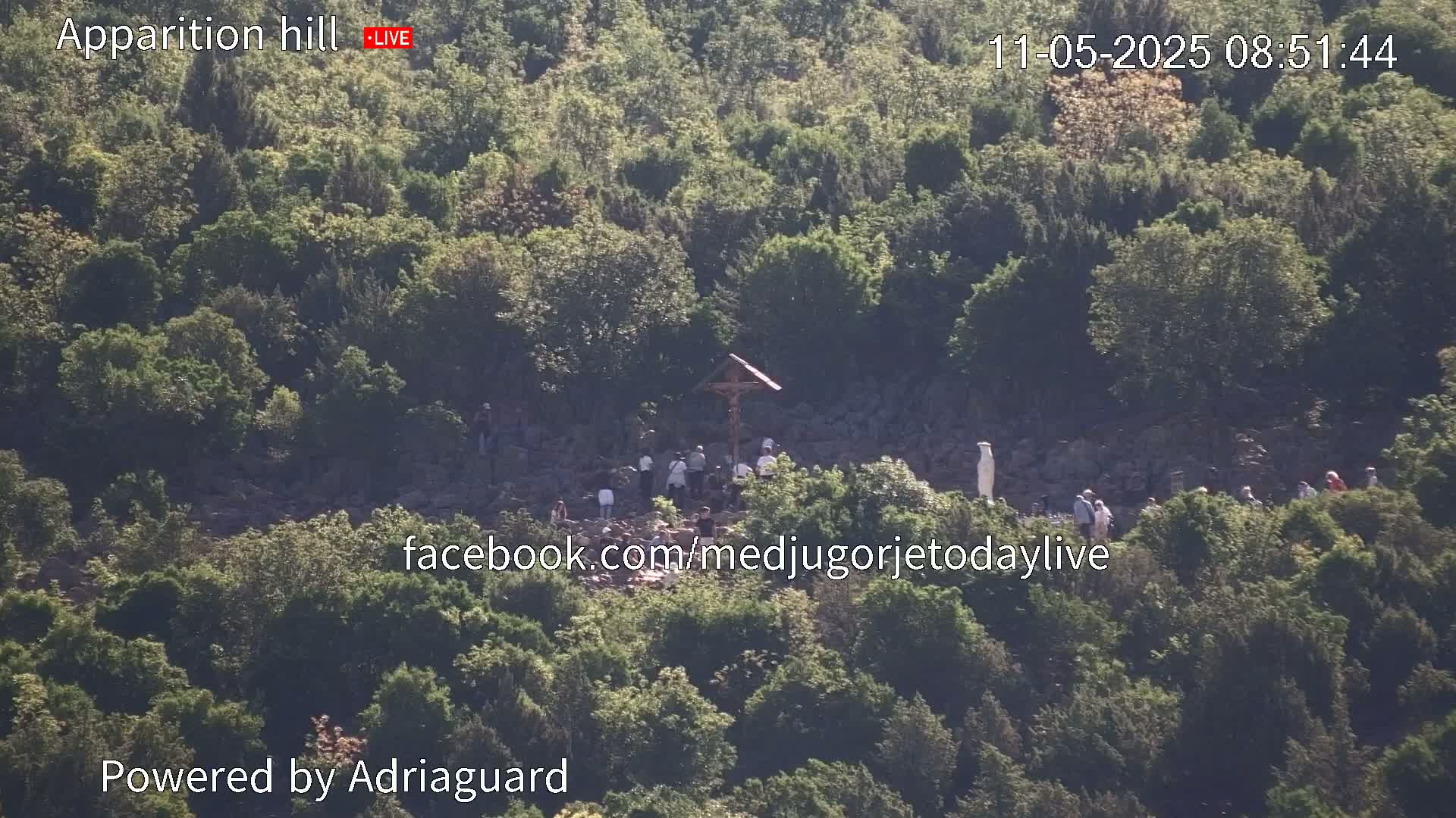 A hillside covered in lush green vegetation shows a group of people gathered around a crucifix and a statue.