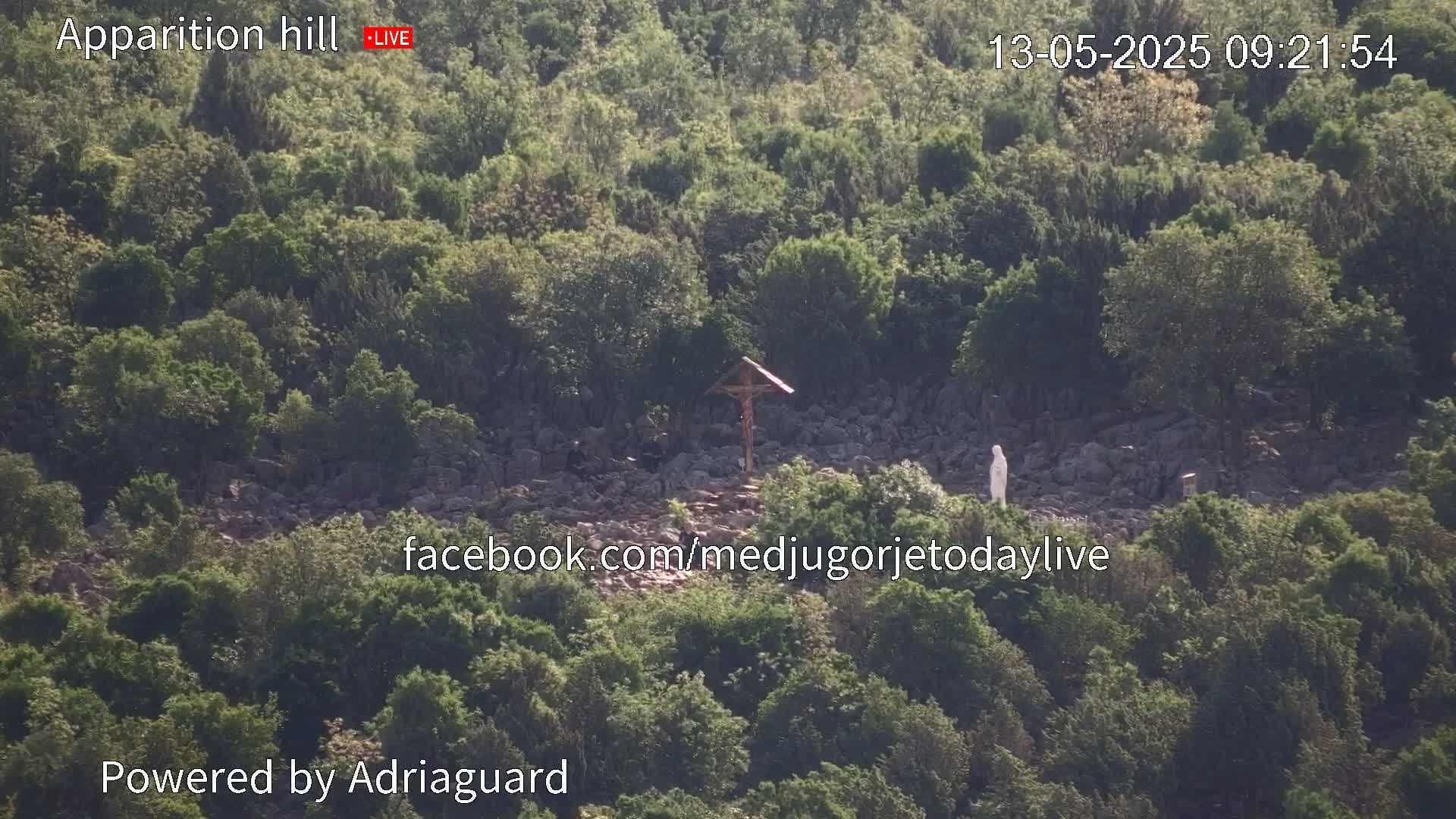 A rocky hillside covered in lush green vegetation features a crucifix and a statue.