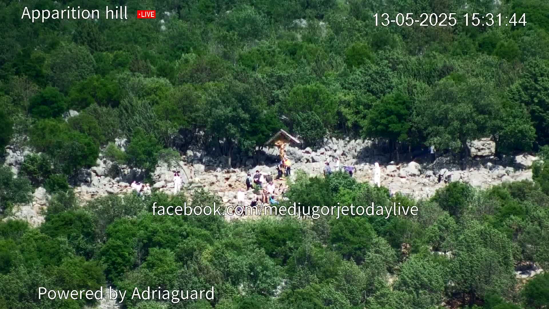 A rocky hillside covered in lush green vegetation shows a group of people gathered around a crucifix.