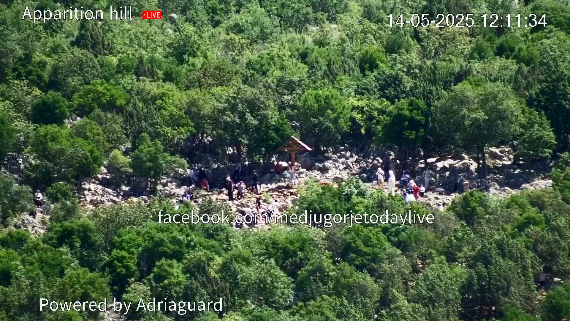 A rocky hillside covered in lush green vegetation has a group of people gathered around a crucifix on a sunny day.