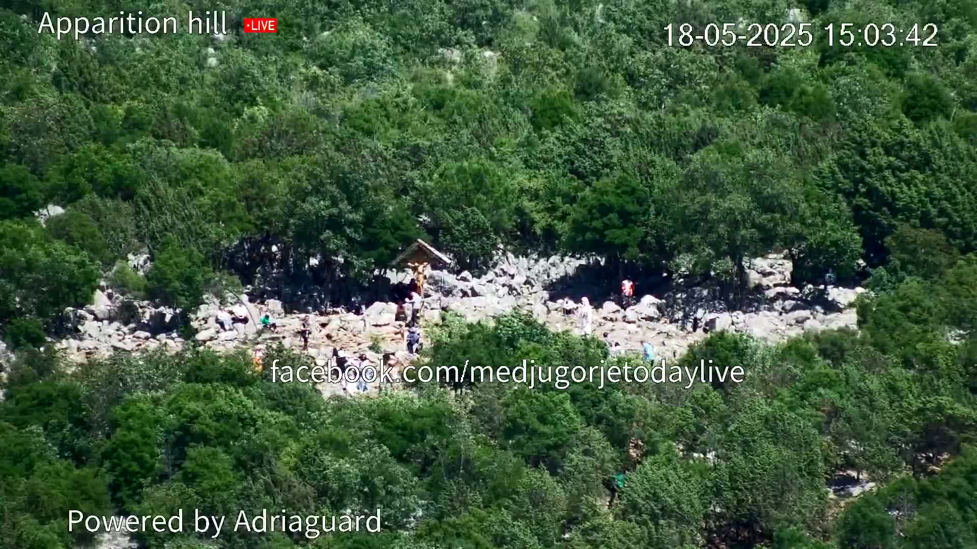 A rocky hillside covered in lush green vegetation features a small group of people gathered around a crucifix.