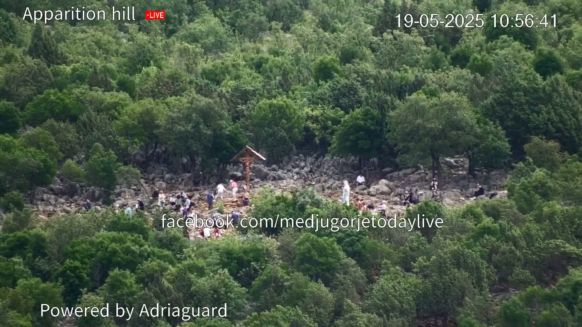 A rocky hillside covered in green vegetation shows a number of people walking on a path toward a crucifix.