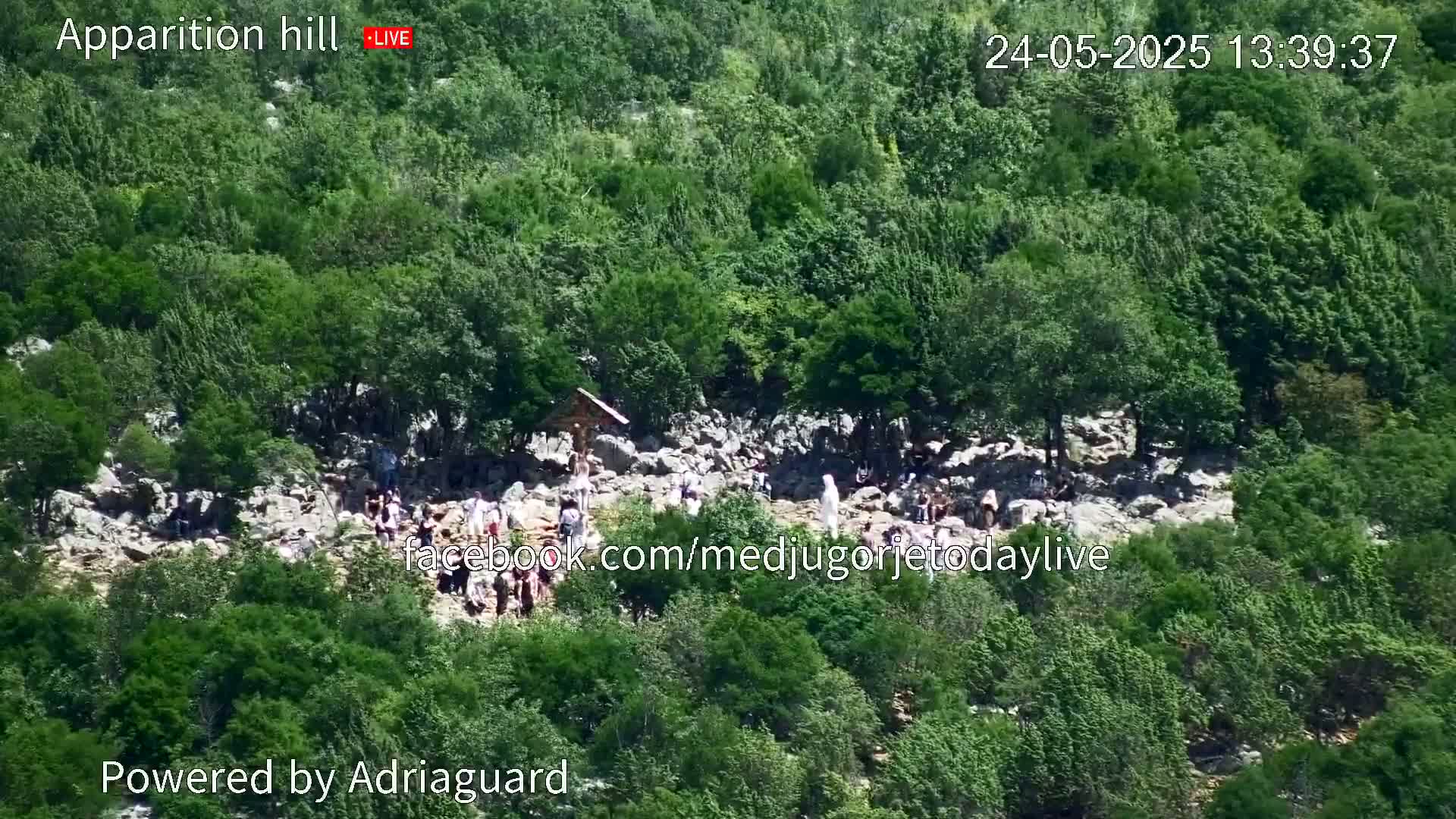 A rocky hillside covered in lush green vegetation has a group of people gathered around a crucifix.