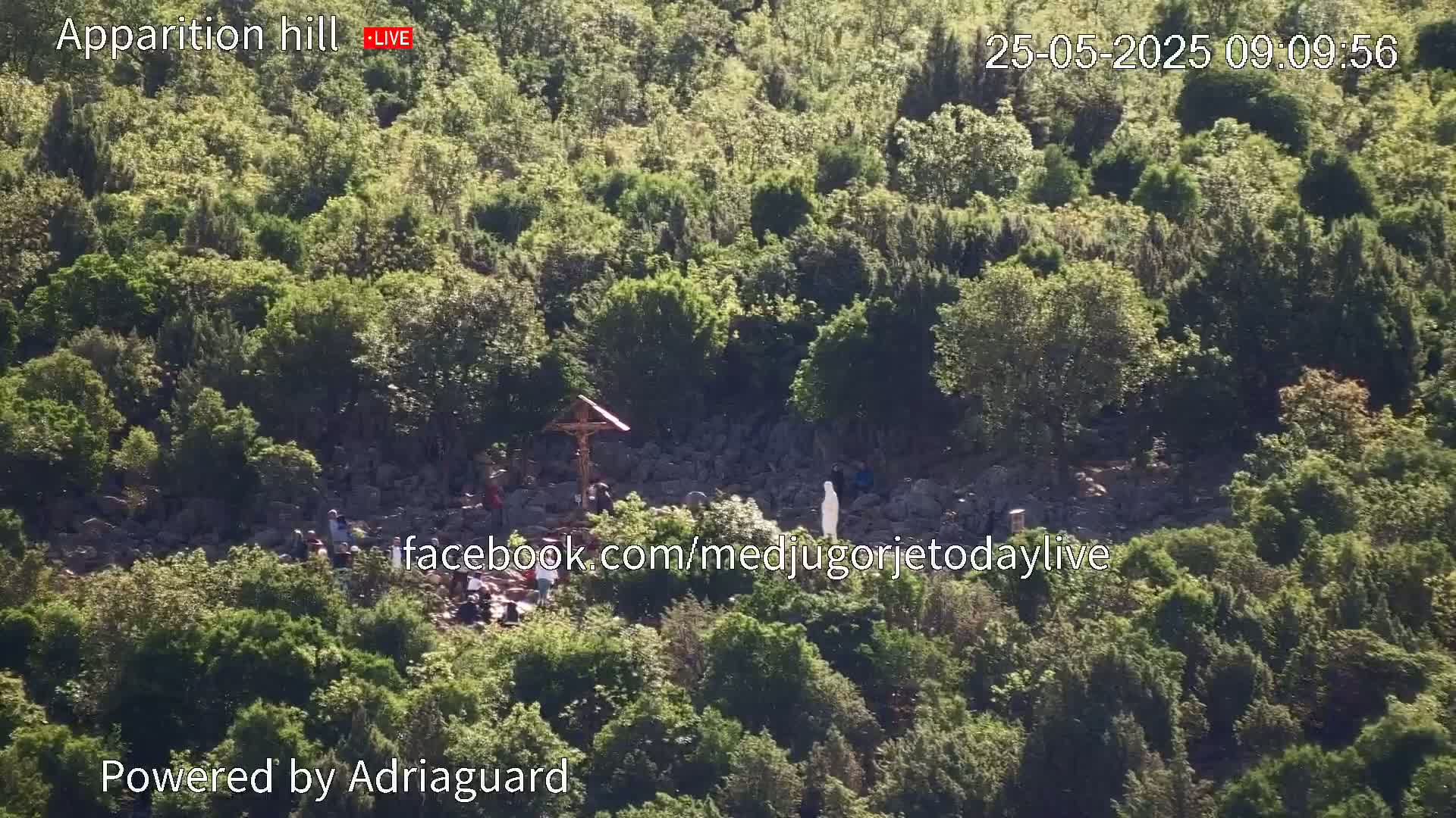 A rocky hillside covered in lush green vegetation shows a group of people gathered near a crucifix and a statue.