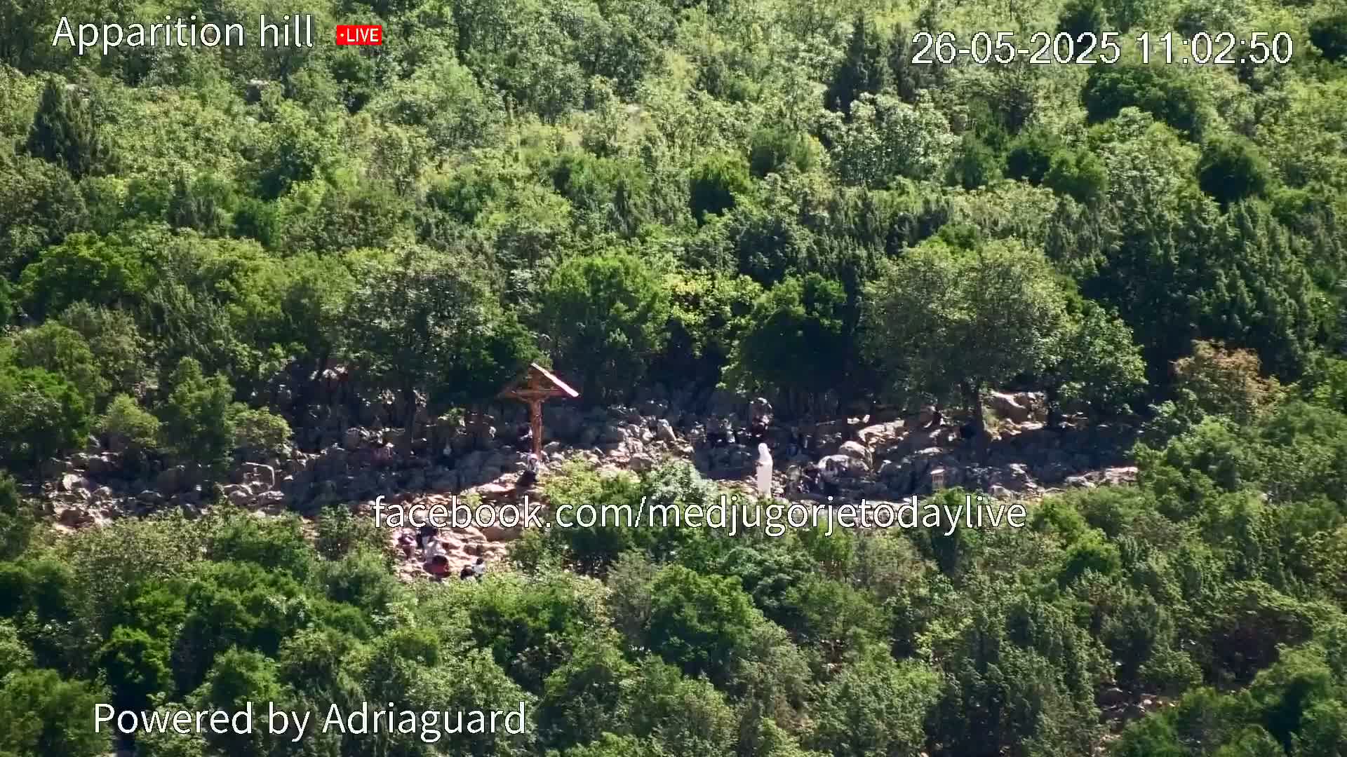 A rocky hillside covered in lush green vegetation shows a group of people gathered around a crucifix and a statue.