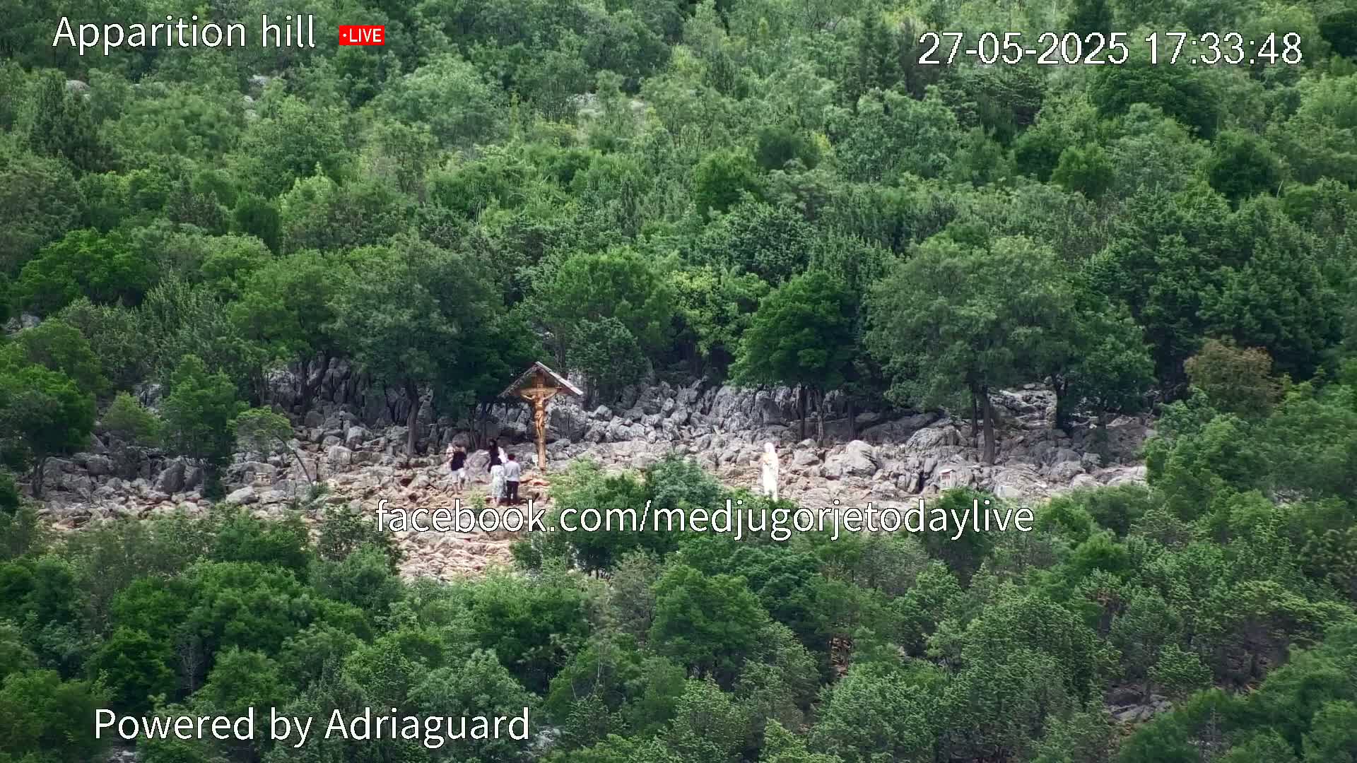 A rocky hillside covered in lush green vegetation features a crucifix and several people gathered around it.