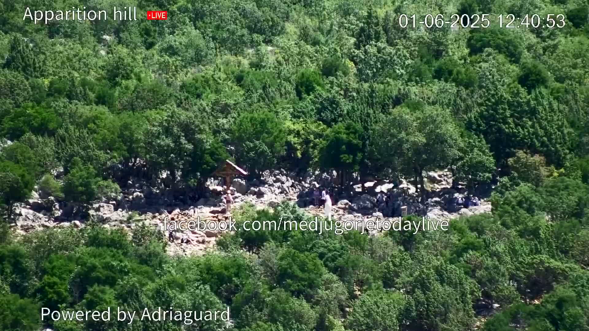A rocky hillside covered in lush green vegetation features a small gathering of people near a wooden structure.