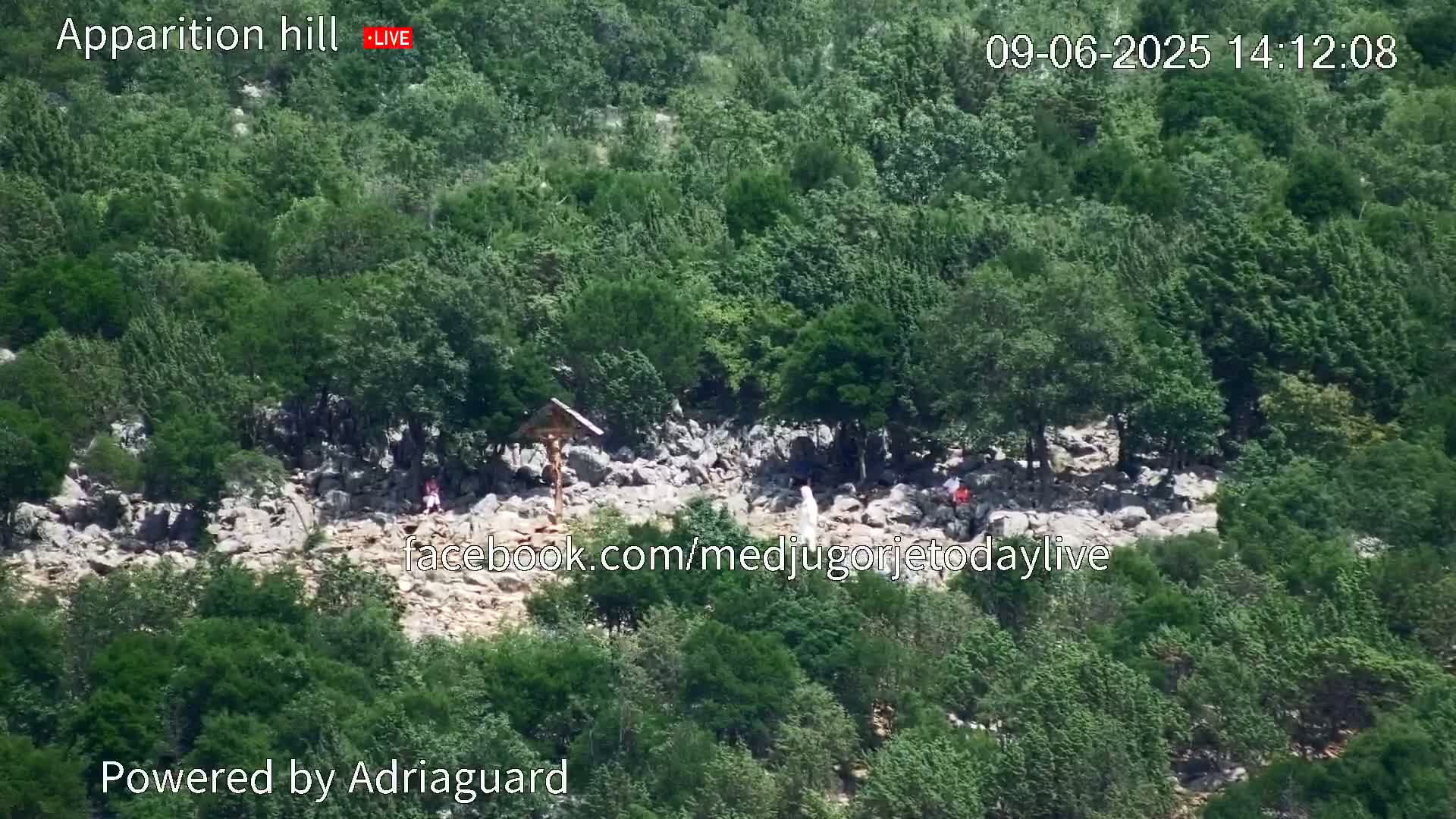 A rocky hillside covered in lush green trees and shrubs, with a few people scattered across it near a wooden cross, on a sunny day.