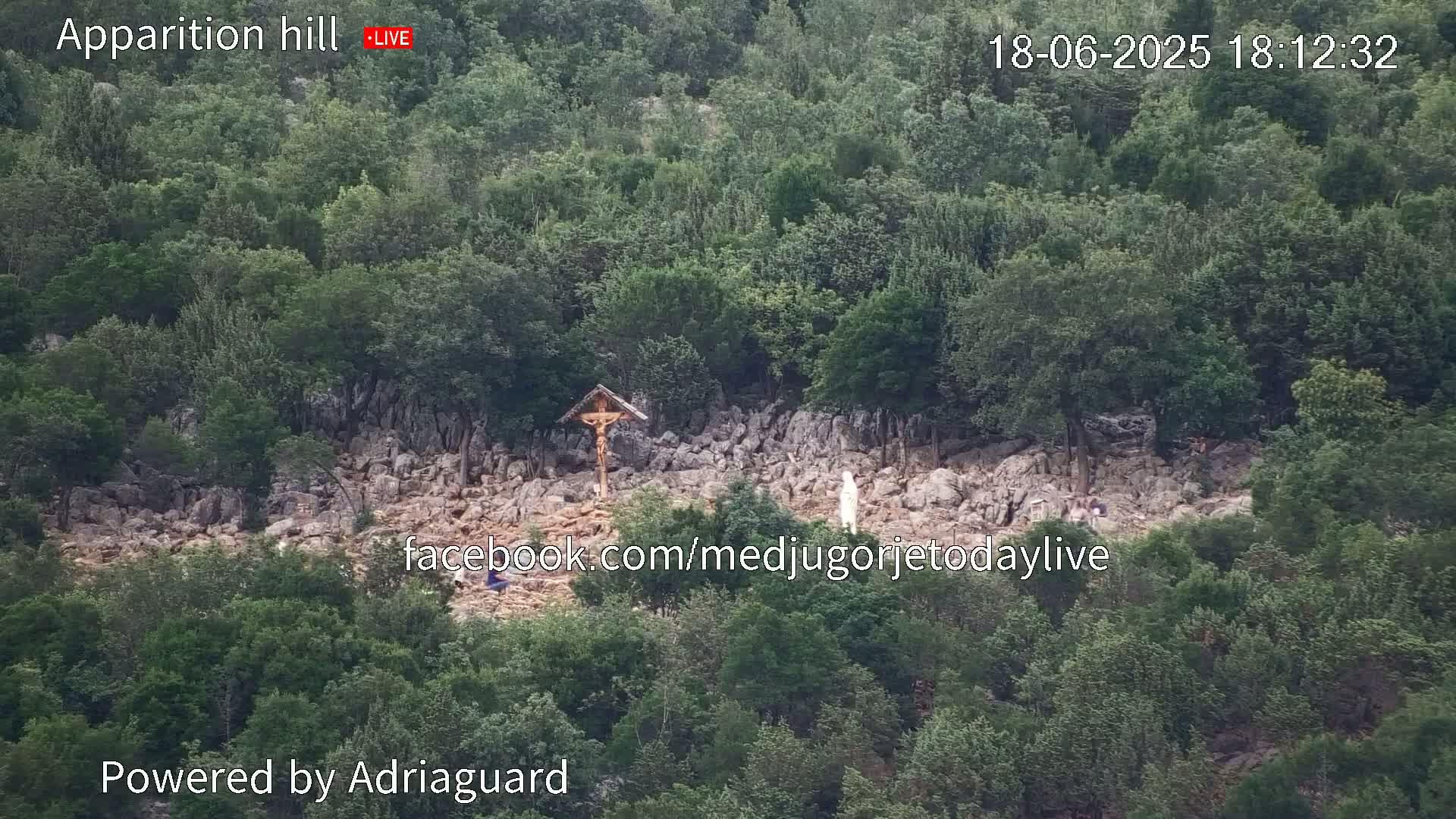 A rocky hillside covered in green trees and shrubs features a crucifix and a statue, with a few people visible.