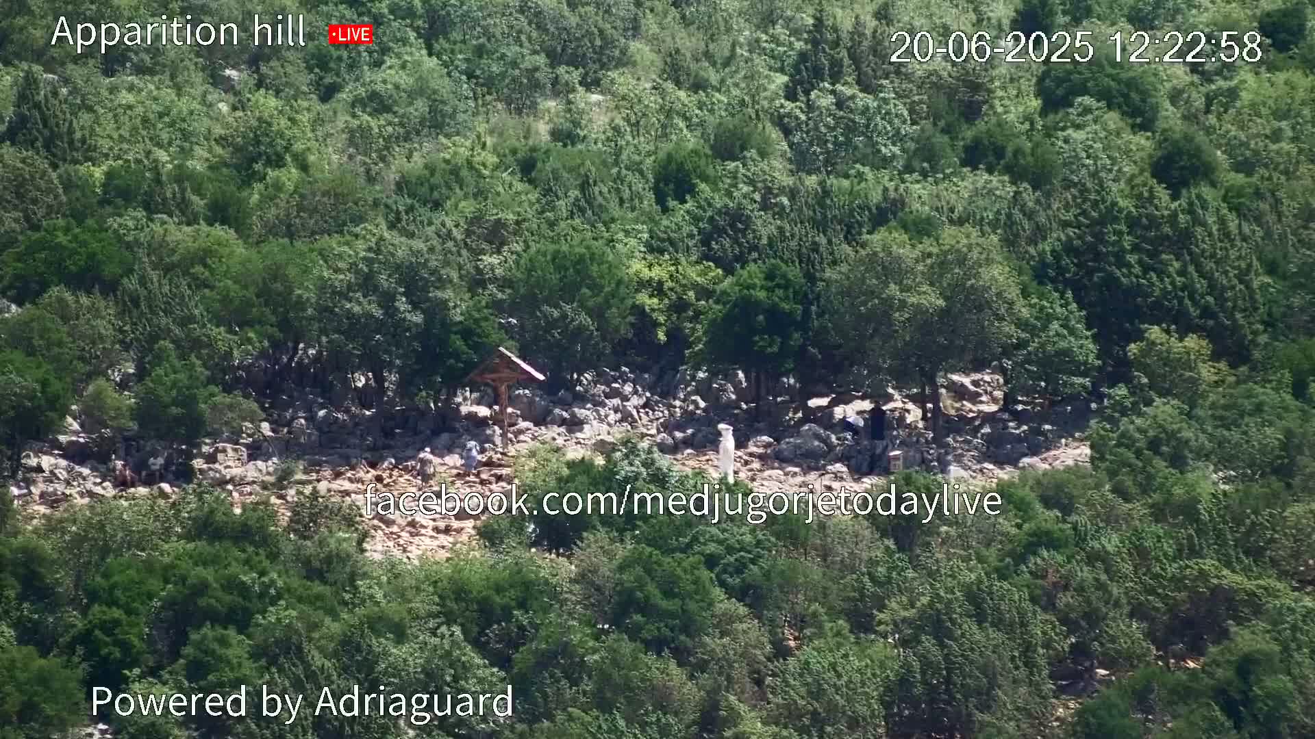 A rocky hillside covered in lush green vegetation shows a group of people gathered near a small wooden structure and a white statue.