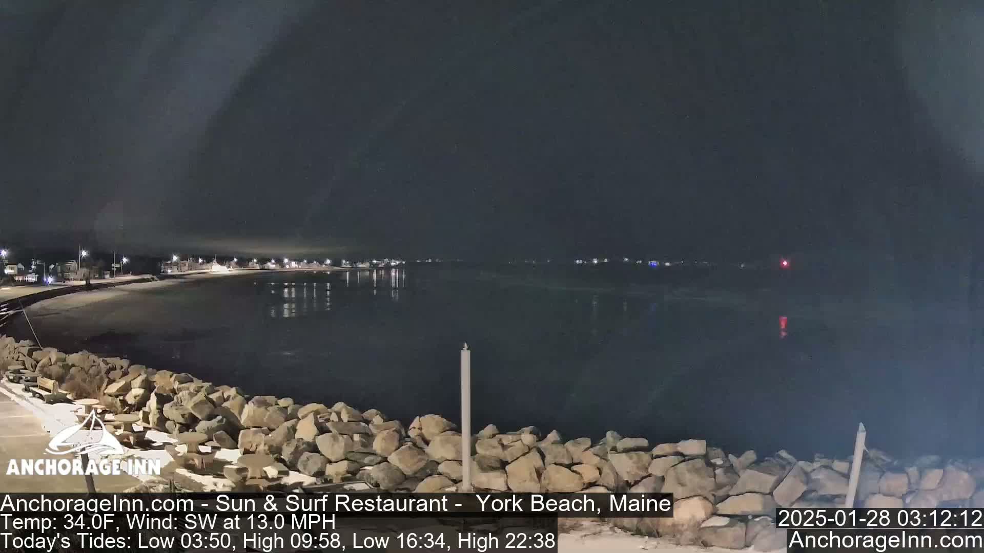 A nighttime view of a calm, dark body of water, with a rocky shoreline in the foreground and a faintly lit town across the water under a dark sky.