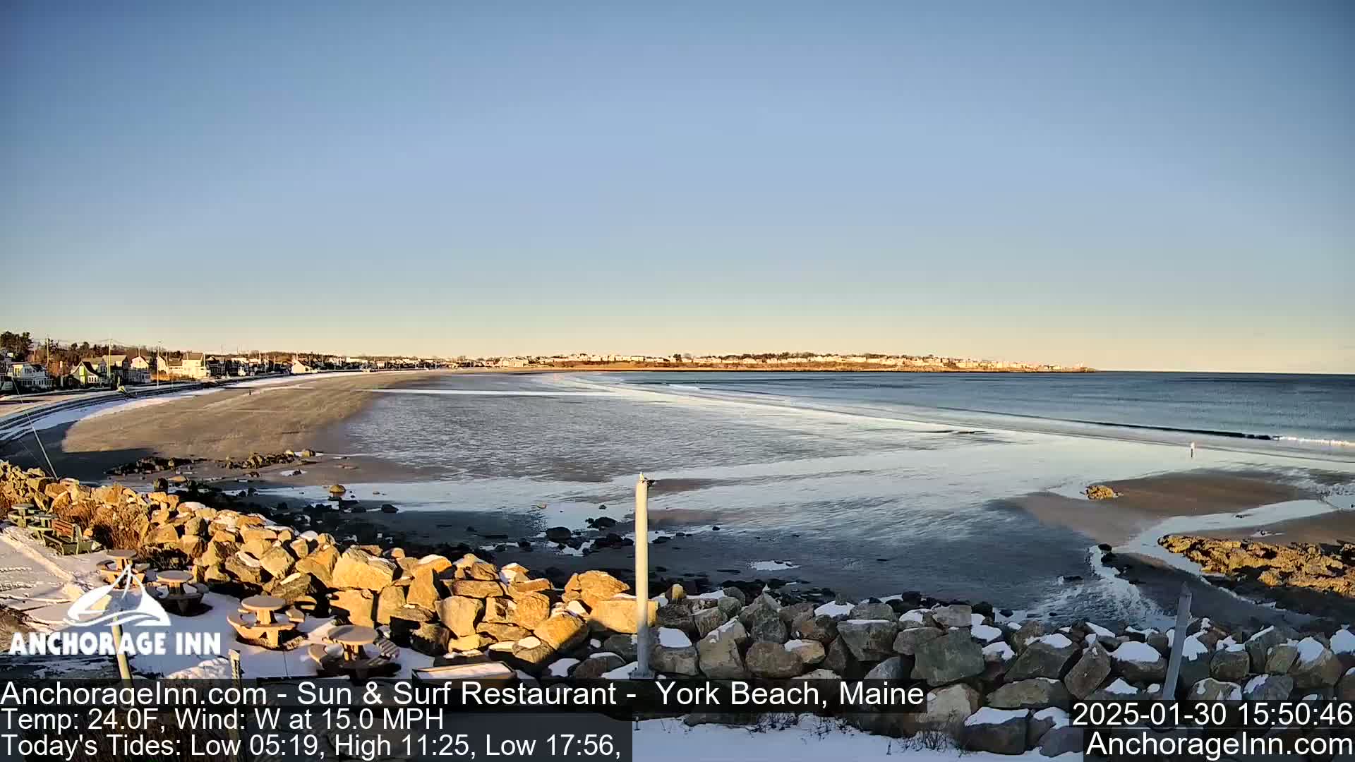 A partly-snowy beach with a calm ocean stretches out beneath a clear blue sky.