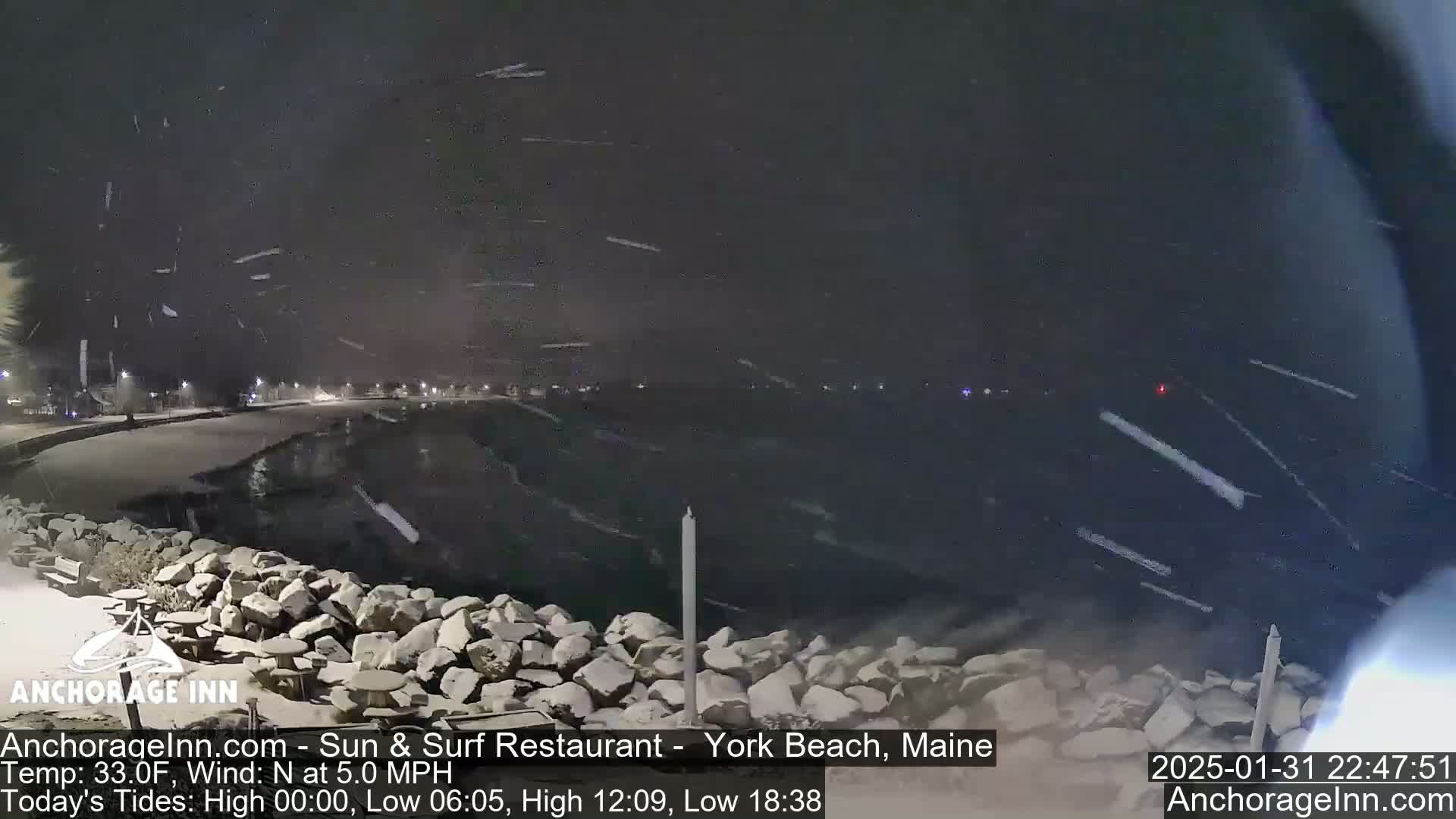 A nighttime snowstorm over a dark, wavy body of water, with a snow-covered rocky shoreline and faint lights in the distance.