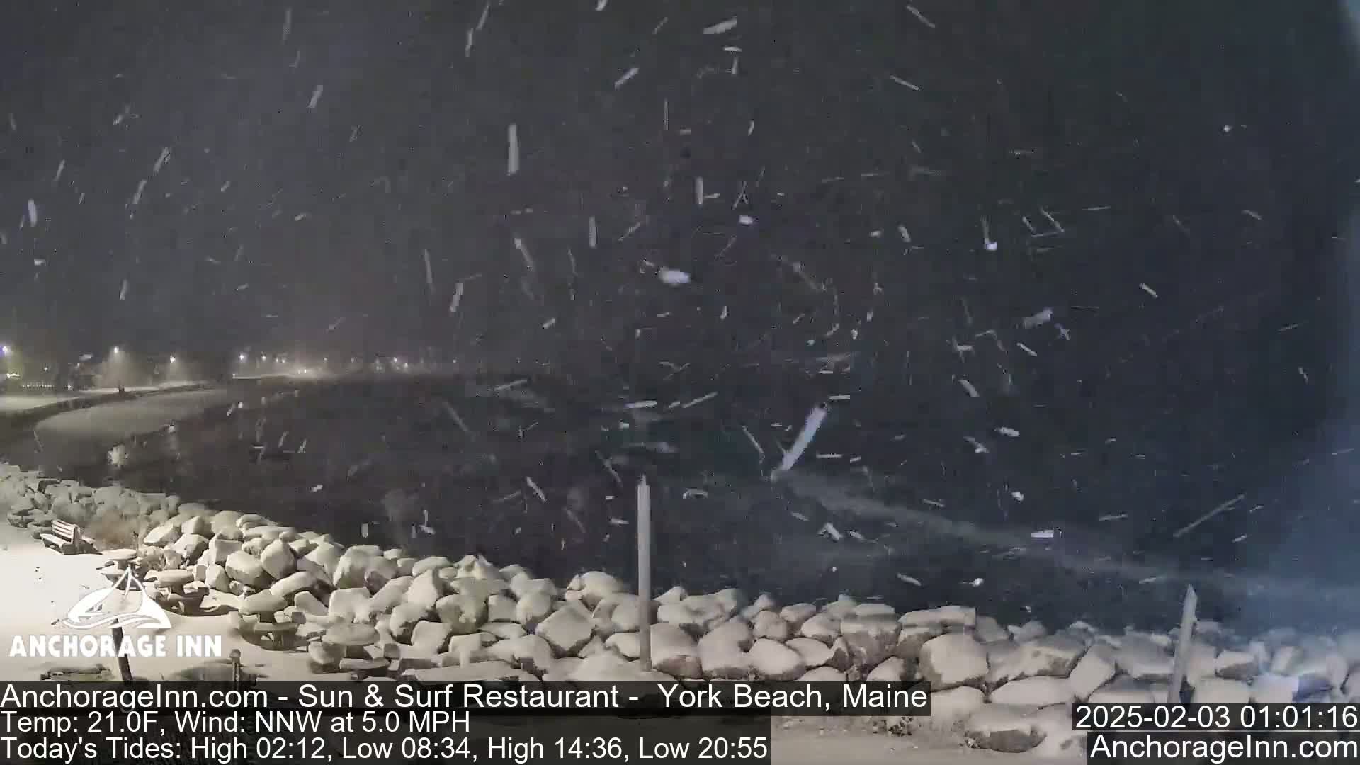 A nighttime scene of a snow-covered rocky shoreline with falling snow.