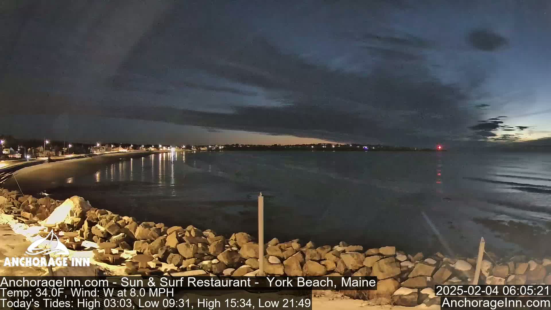 A nighttime coastal scene shows a dark, calm body of water under a mostly cloudy sky, with a rocky shoreline in the foreground and a dimly lit town across the water.
