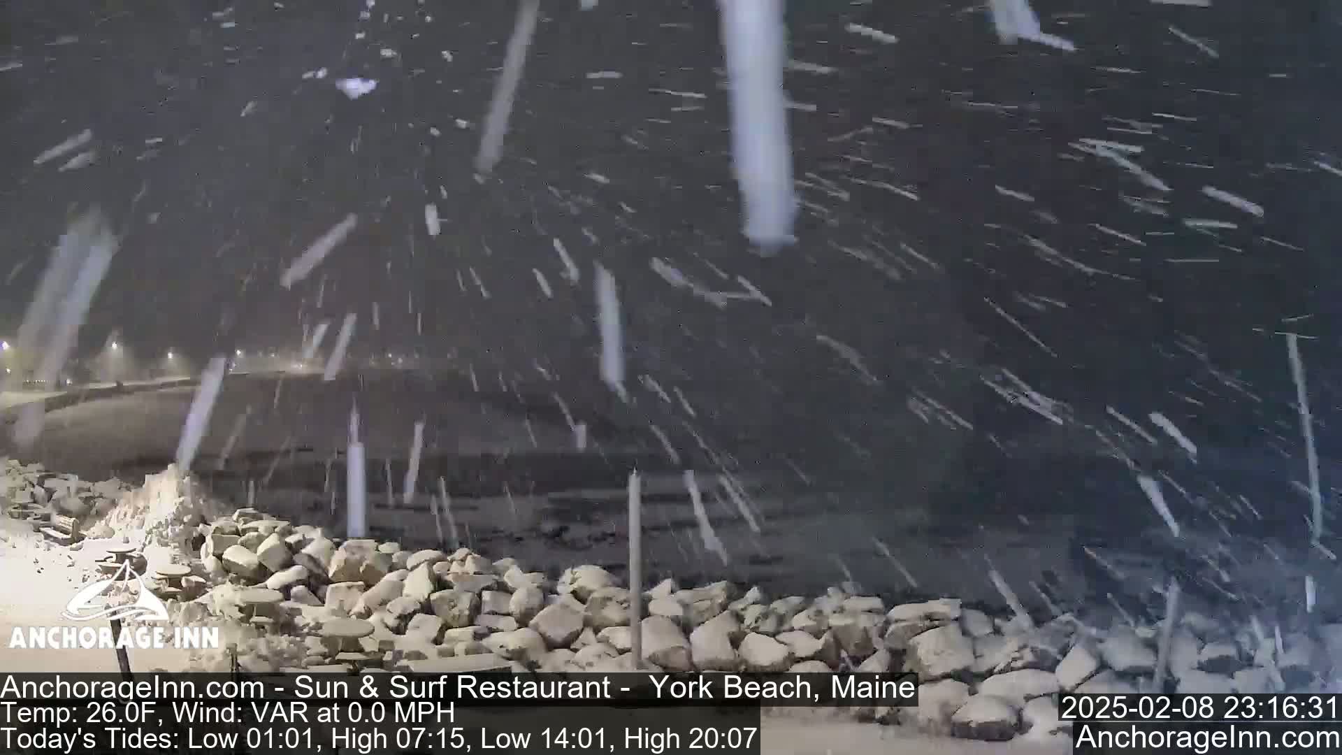 Heavy snow falls at night over a rocky shoreline.