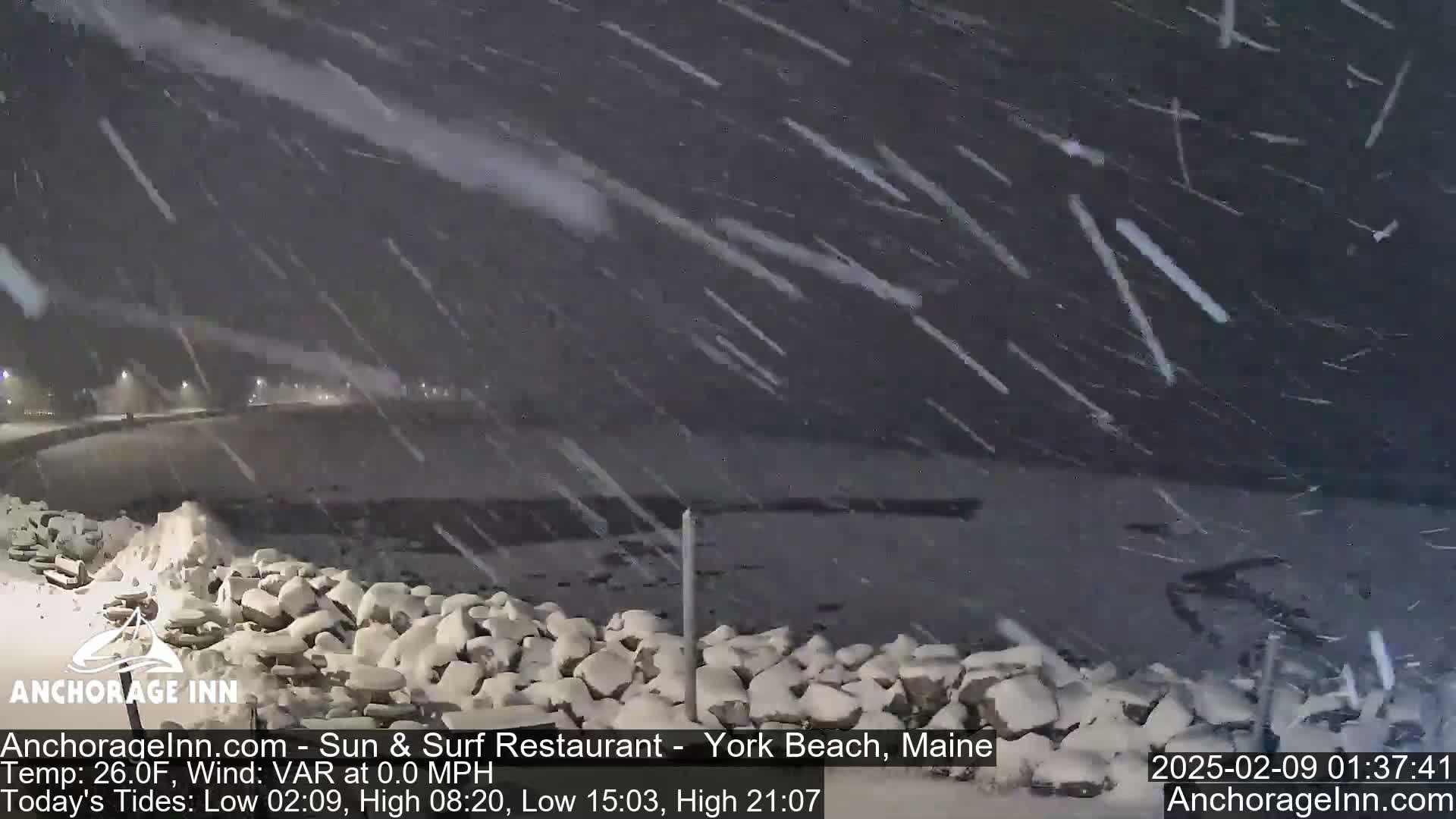 A nighttime snowstorm blankets a rocky shoreline, with lights faintly visible in the distance.