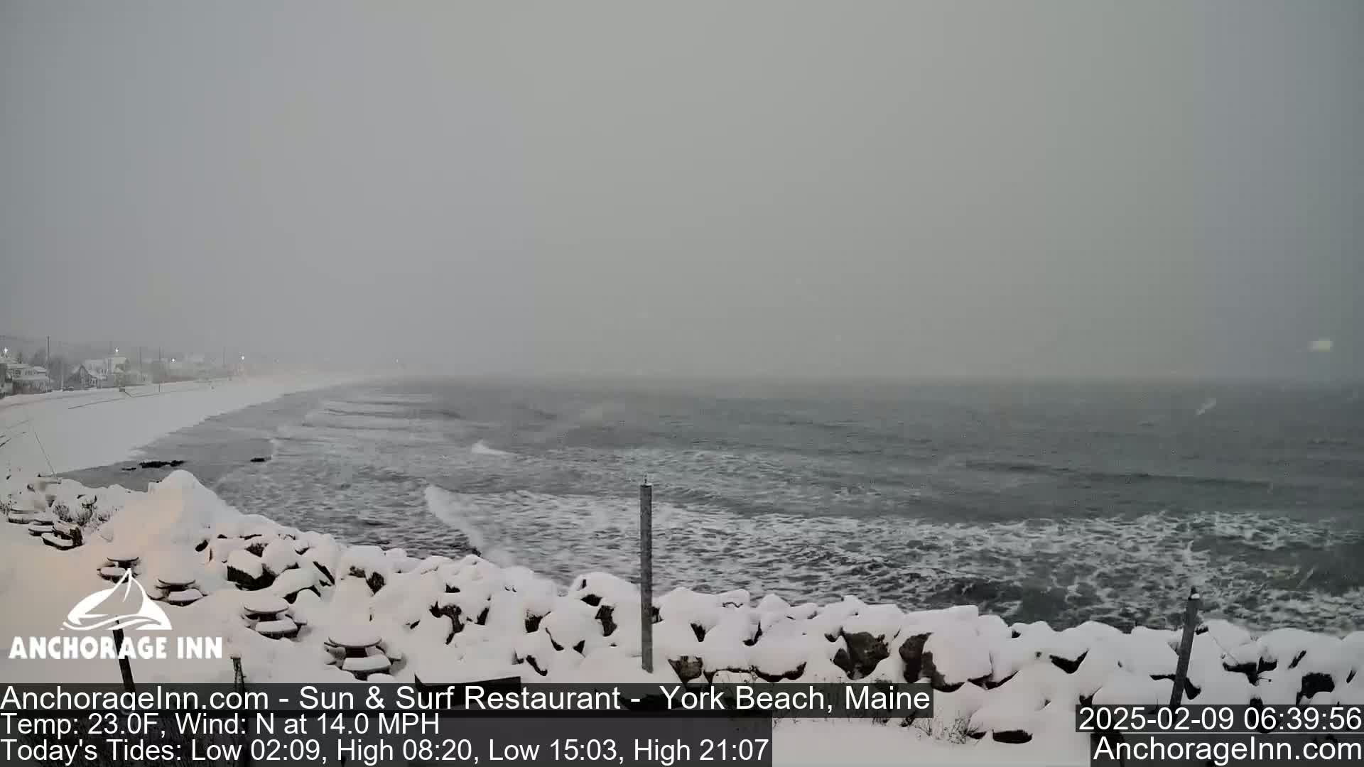 A snow-covered rocky shoreline meets a gray, choppy sea under a snowy sky.