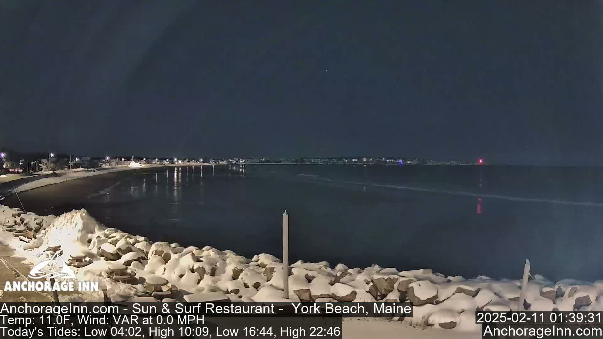 A snow-covered rocky shoreline at night overlooks a calm, dark body of water with a town faintly visible in the distance under a clear sky.
