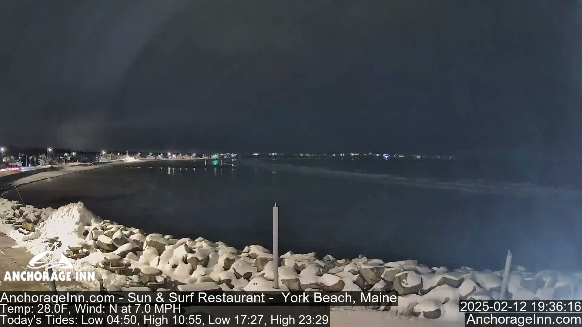A snow-covered rocky shoreline at night overlooks a dark, calm body of water with a town faintly lit in the distance under a clear, dark sky.