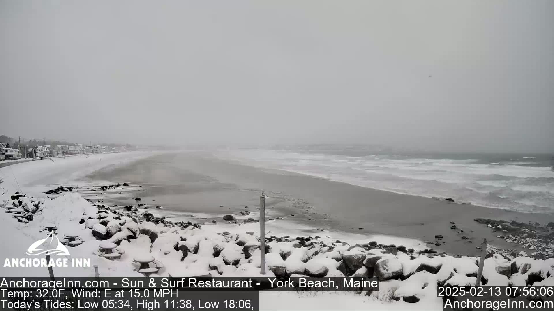 A snow-covered rocky shoreline overlooks a beach with waves under a gray, snowy sky.