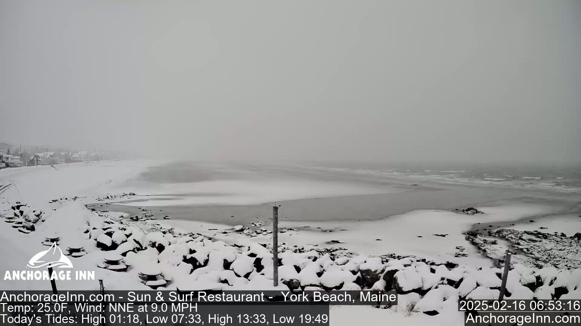 A snow-covered beach with a gray, overcast sky and calm waves is visible, with houses in the distance.
