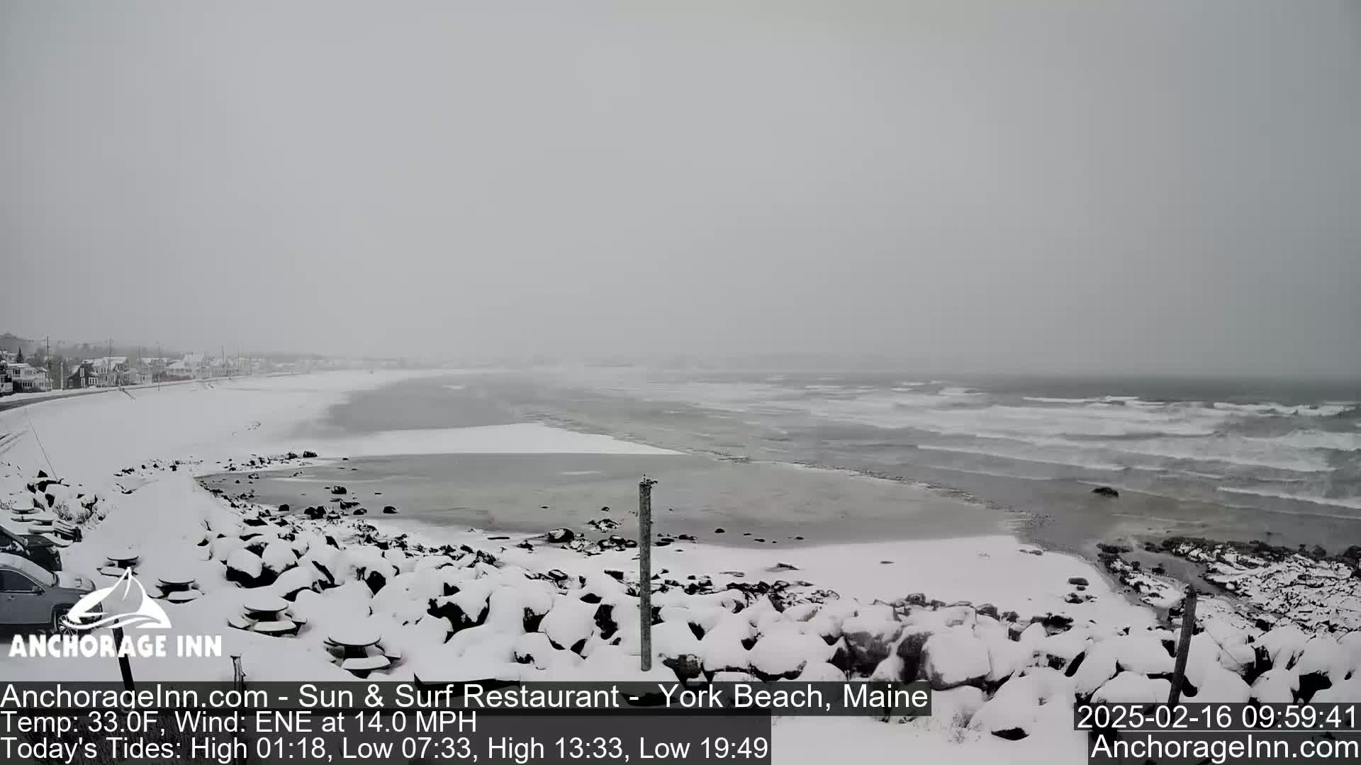 A snow-covered beach with a rocky shoreline and a choppy sea under a gray, snowy sky is visible.