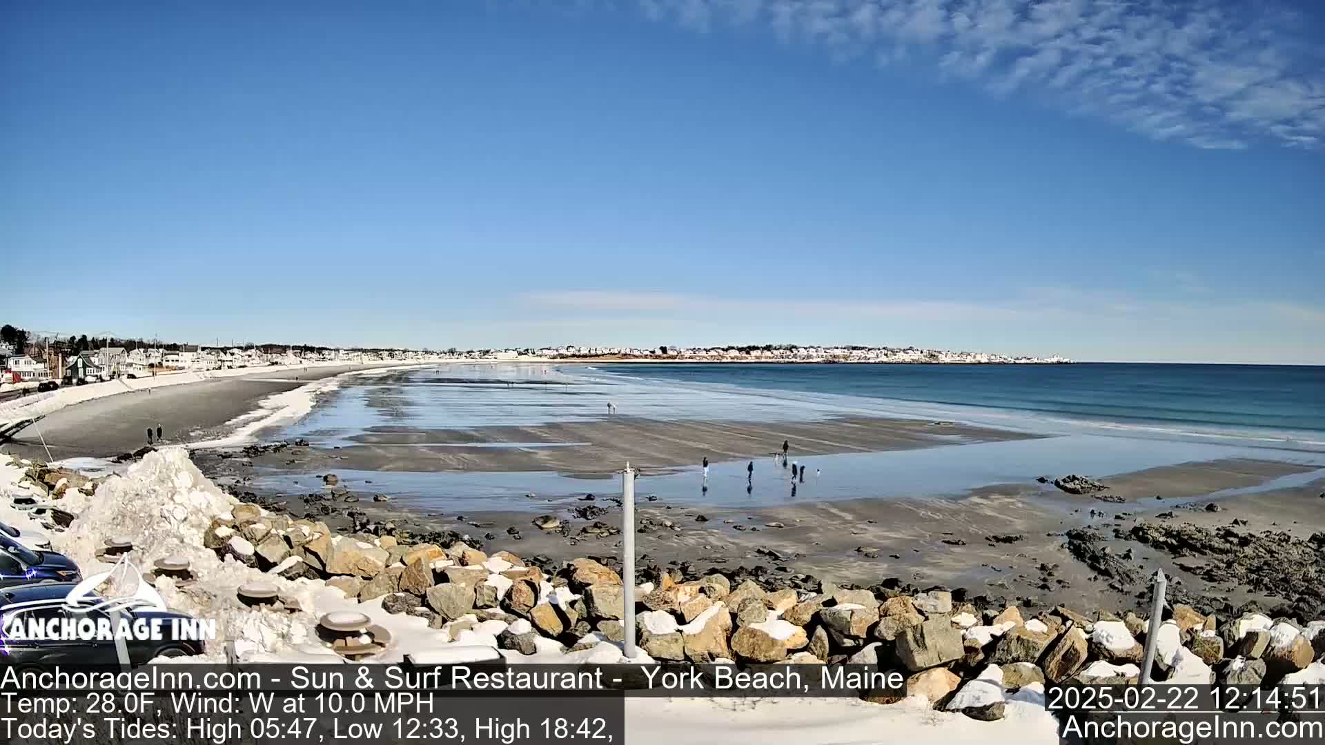 A wide sandy beach with a few people on it stretches along a calm ocean under a clear blue sky; some snow is visible on the beach and nearby rocks.