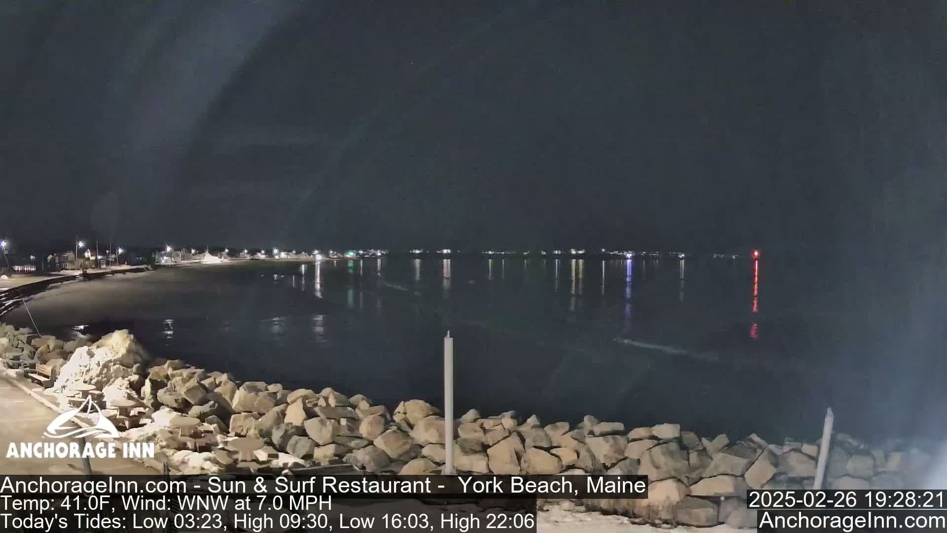 A nighttime view of a calm body of water, with a rocky shoreline and distant lights illuminating a town under a dark sky.