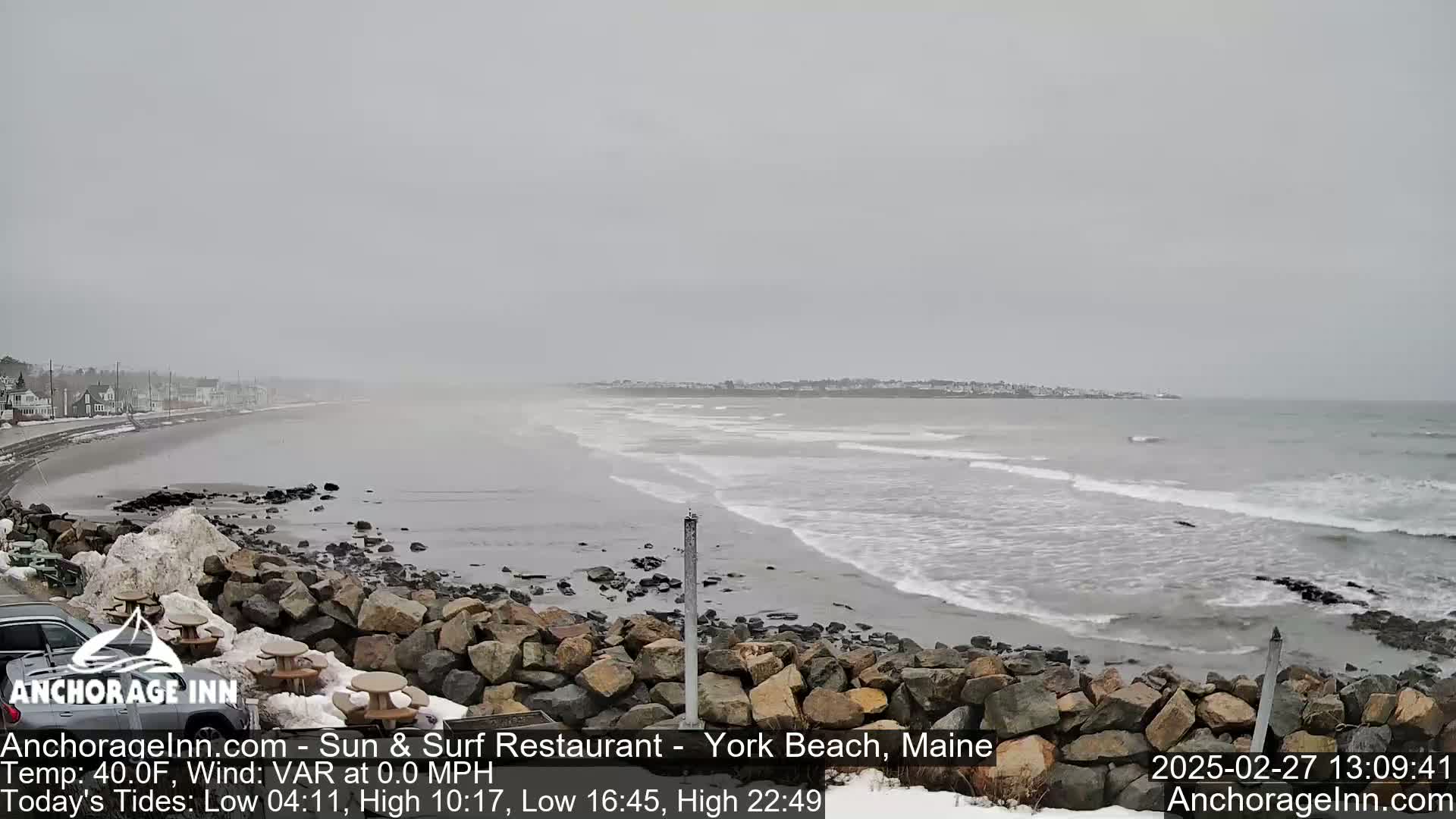 A gray, overcast day shows a beach scene with small waves lapping a rocky shoreline, and buildings visible in the distance.